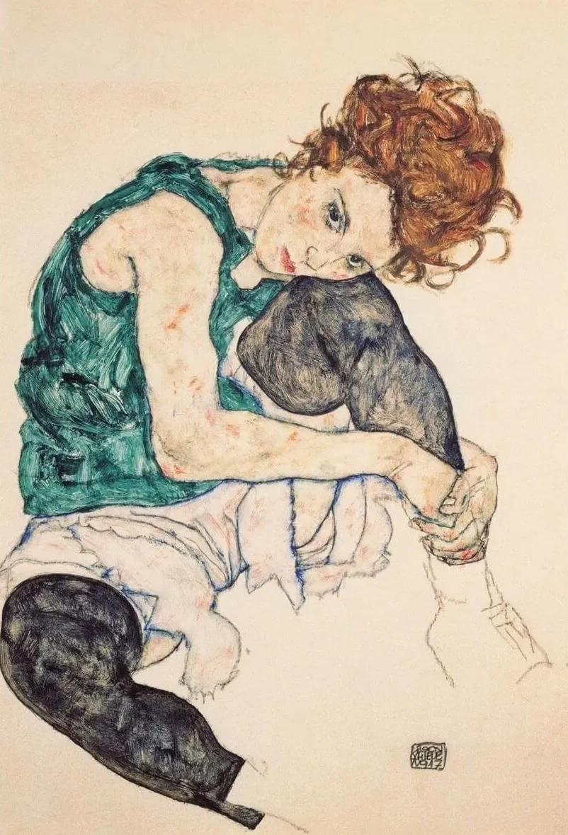 Disegno di una ragazza con i capelli ricci rossi che tiene un cane sui ginocchia