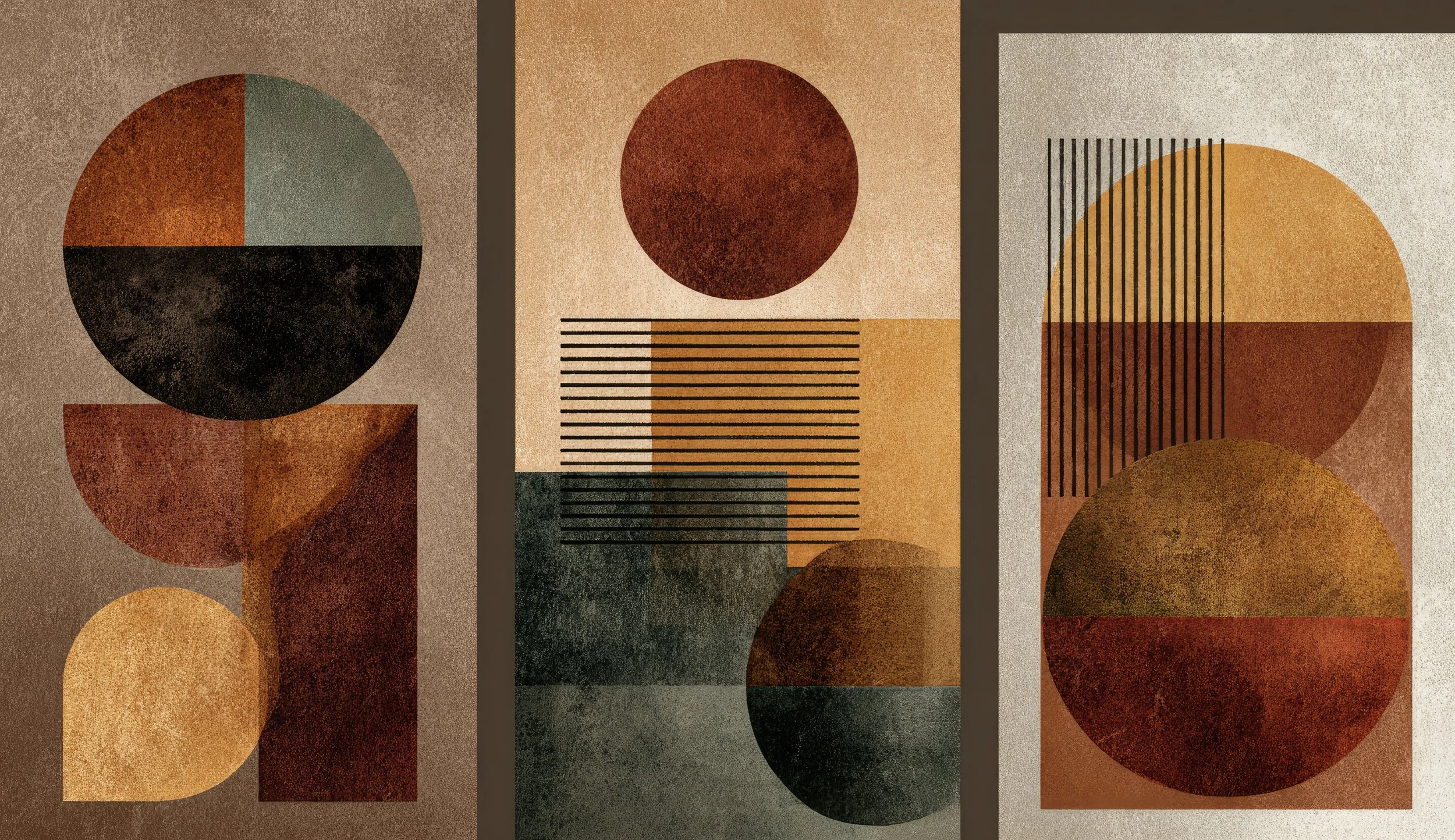 Opera d'arte astratta con forme geometriche come cerchi e rettangoli, in tonalità di marrone, beige, nero e arancione, divisa in tre sezioni verticali