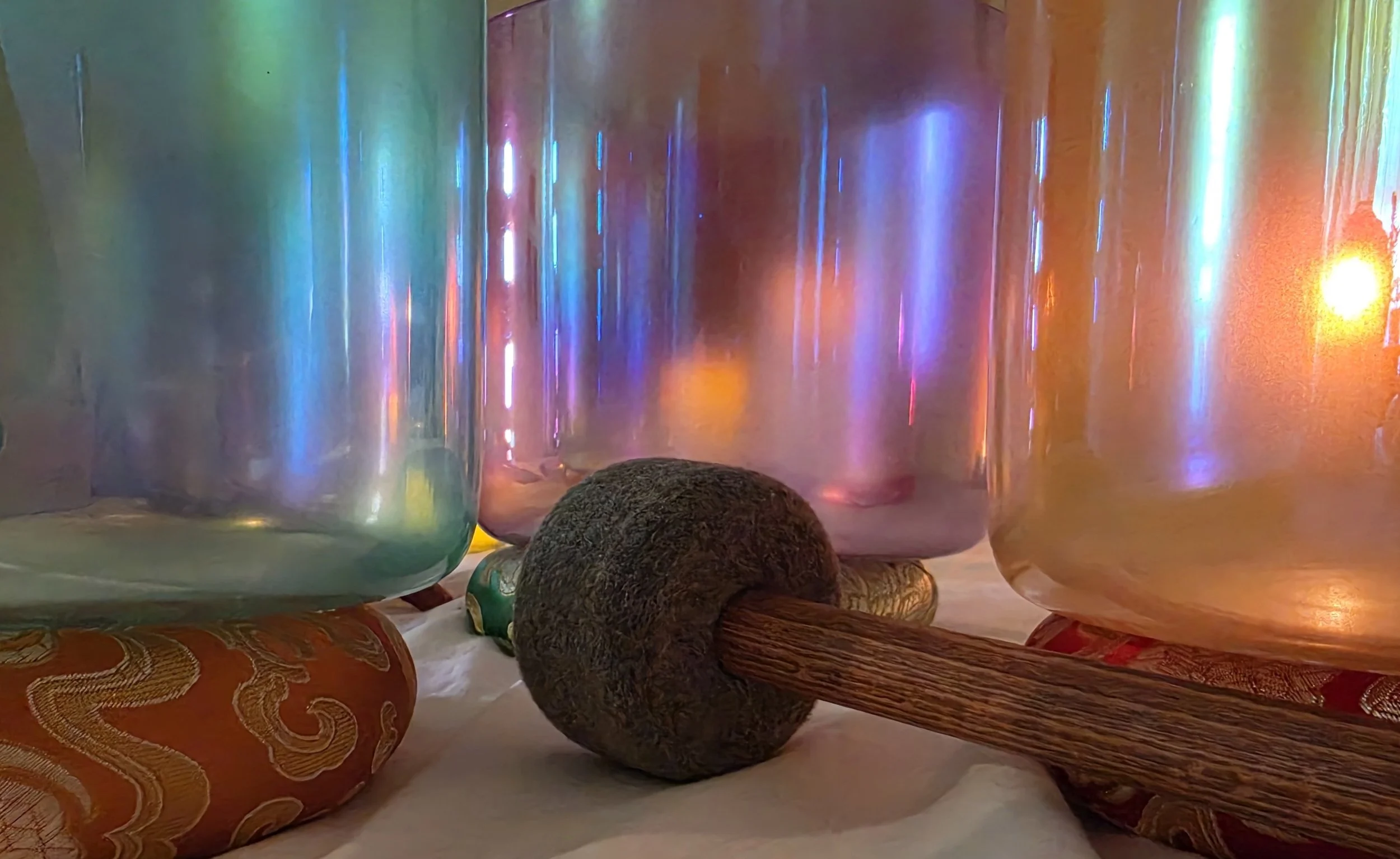 ORANGE PURPLE GREEN CRYSTAL BOWLS WITH MEINL MALLET.JPG