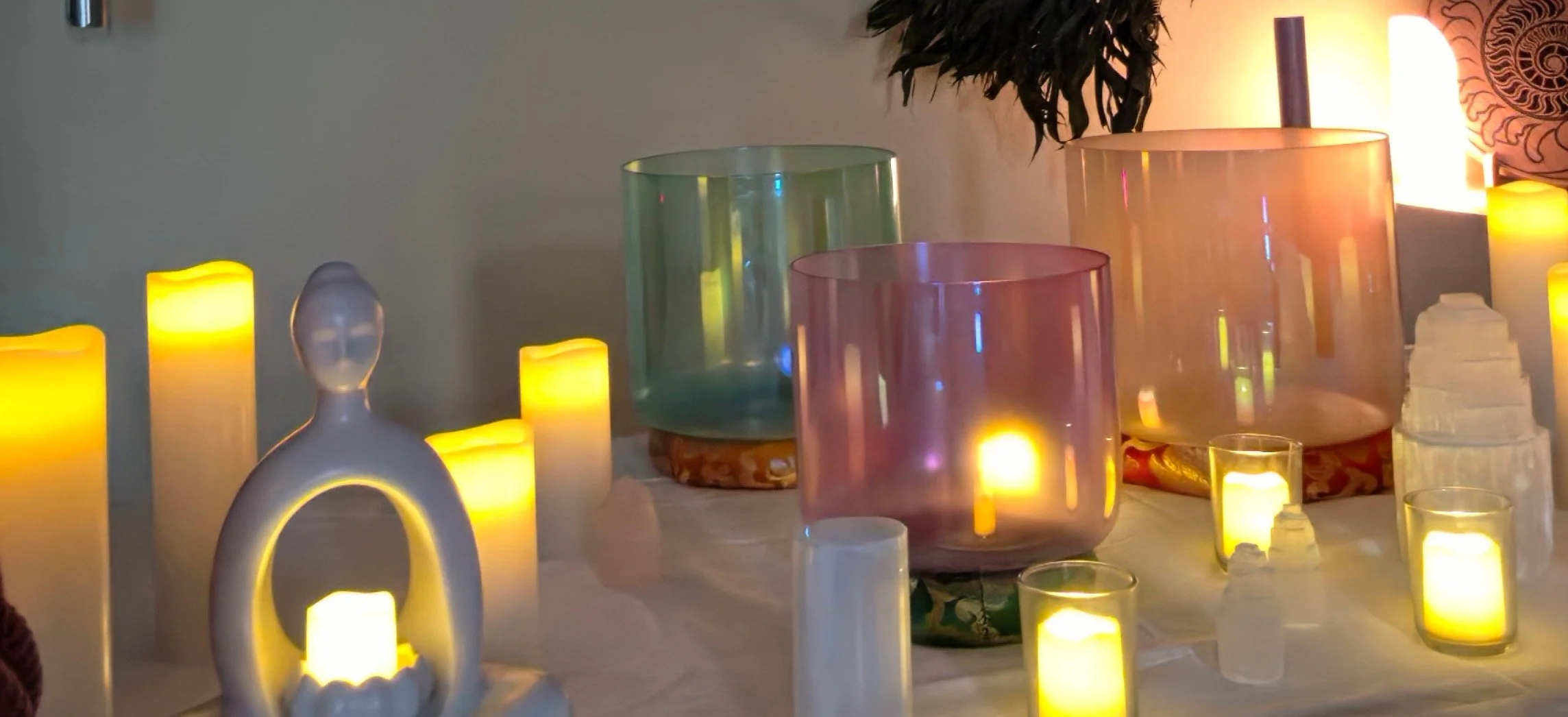 crystal singing bowls with candles rain disc and chakapa.JPG