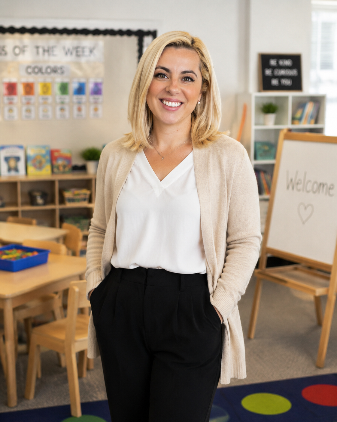 A woman with blonde hair smiling in a classroom setting with educational materials and a whiteboard with a 'Welcome' message.