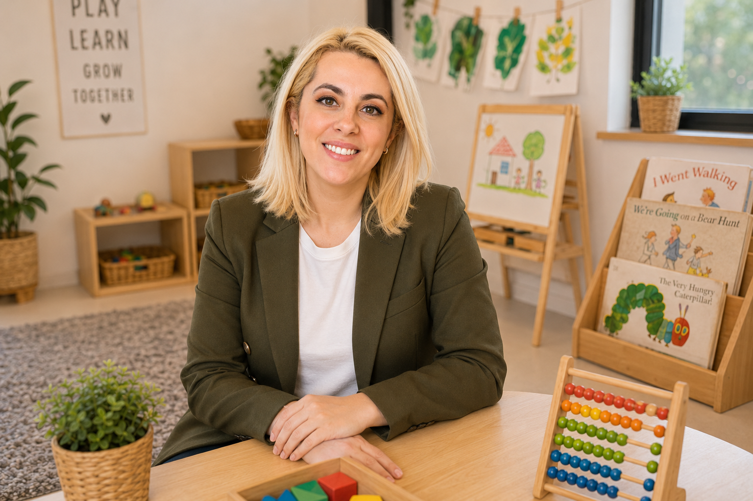 A woman with blonde hair smiling at a table in a classroom or children's activity room, with children's books, an abacus, and plants around her.