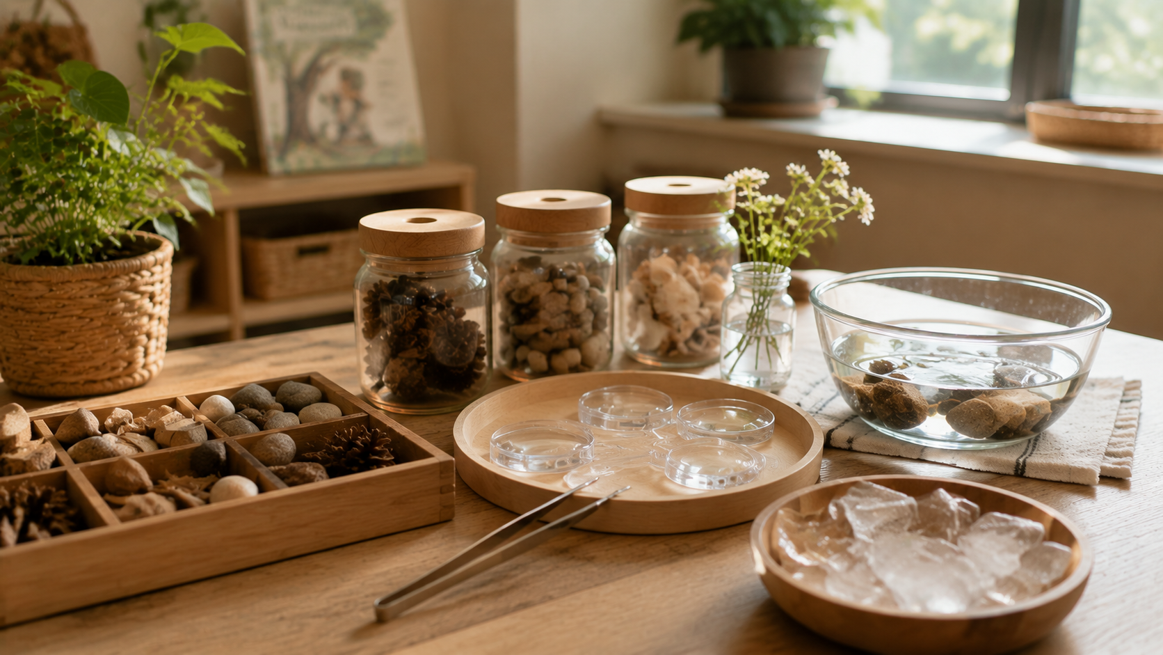 A wooden table with jars of rocks, a bowl of water with rocks, a glass bowl with floating rocks, a wooden tray with small rocks, pinecones, and pebbles, a small jar with white flowers, a bowl of crushed ice, and a pair of metal tweezers. Green plants in wicker pots are on a windowsill in the background.