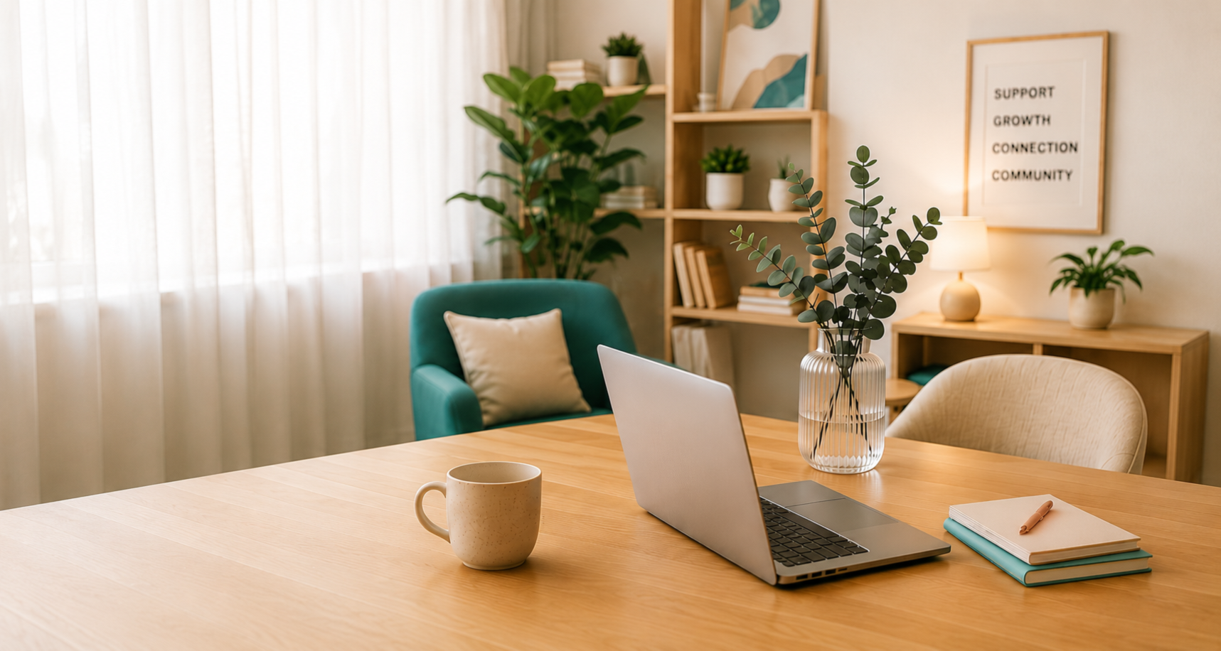A warm professional home office setting representing online therapy, telephone therapy, private practice support, CPD training and counselling resources for therapists and counsellors in the UK