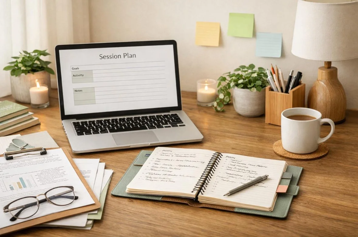 Professional workspace representing online therapy, clinical supervision, CPD and private practice support within The Therapy Hub UK community.