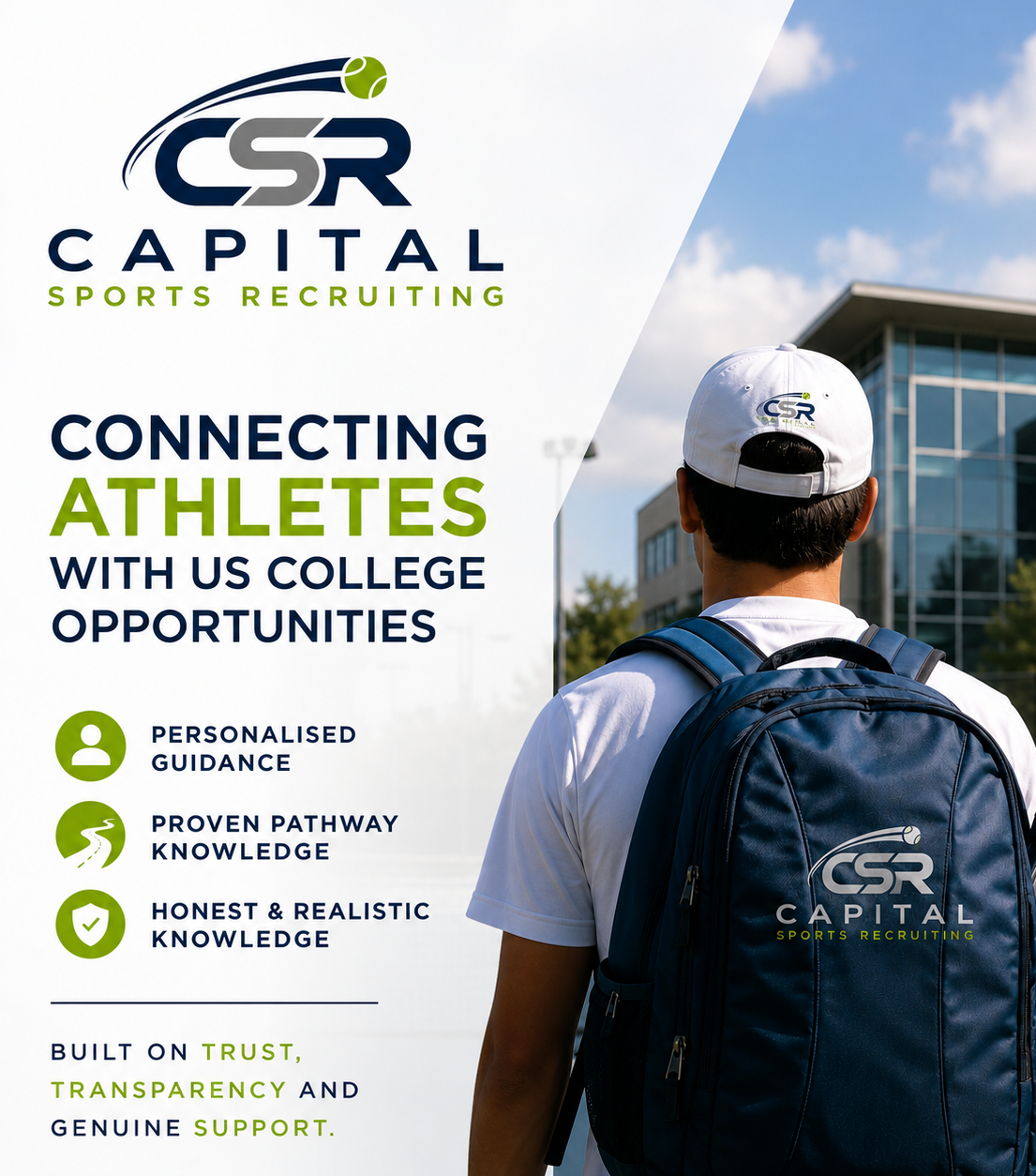 A promotional poster for CSR Capital Sports Recruiting showing a young athlete with a backpack, looking at modern campus buildings.