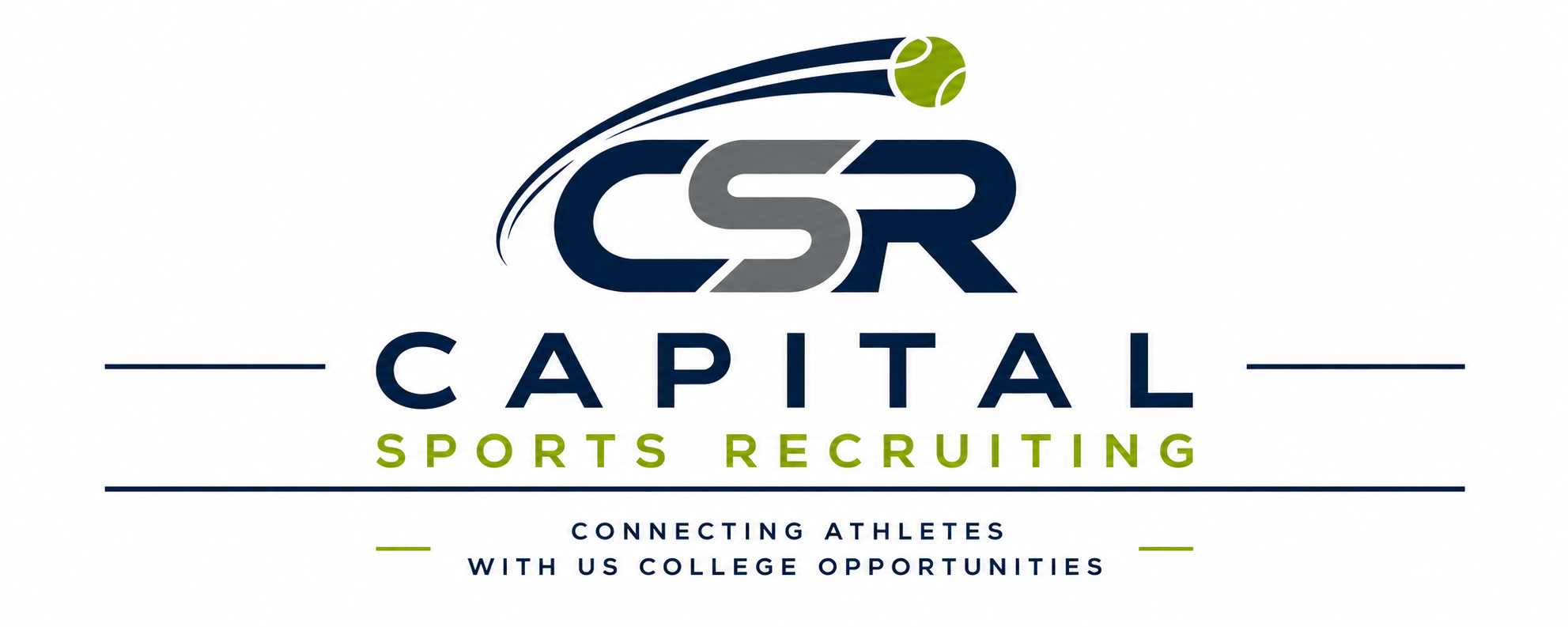 Logo for CSR Capital Sports Recruiting, including a stylized tennis ball and lines, with the tagline 'Connecting athletes with US college opportunities'.