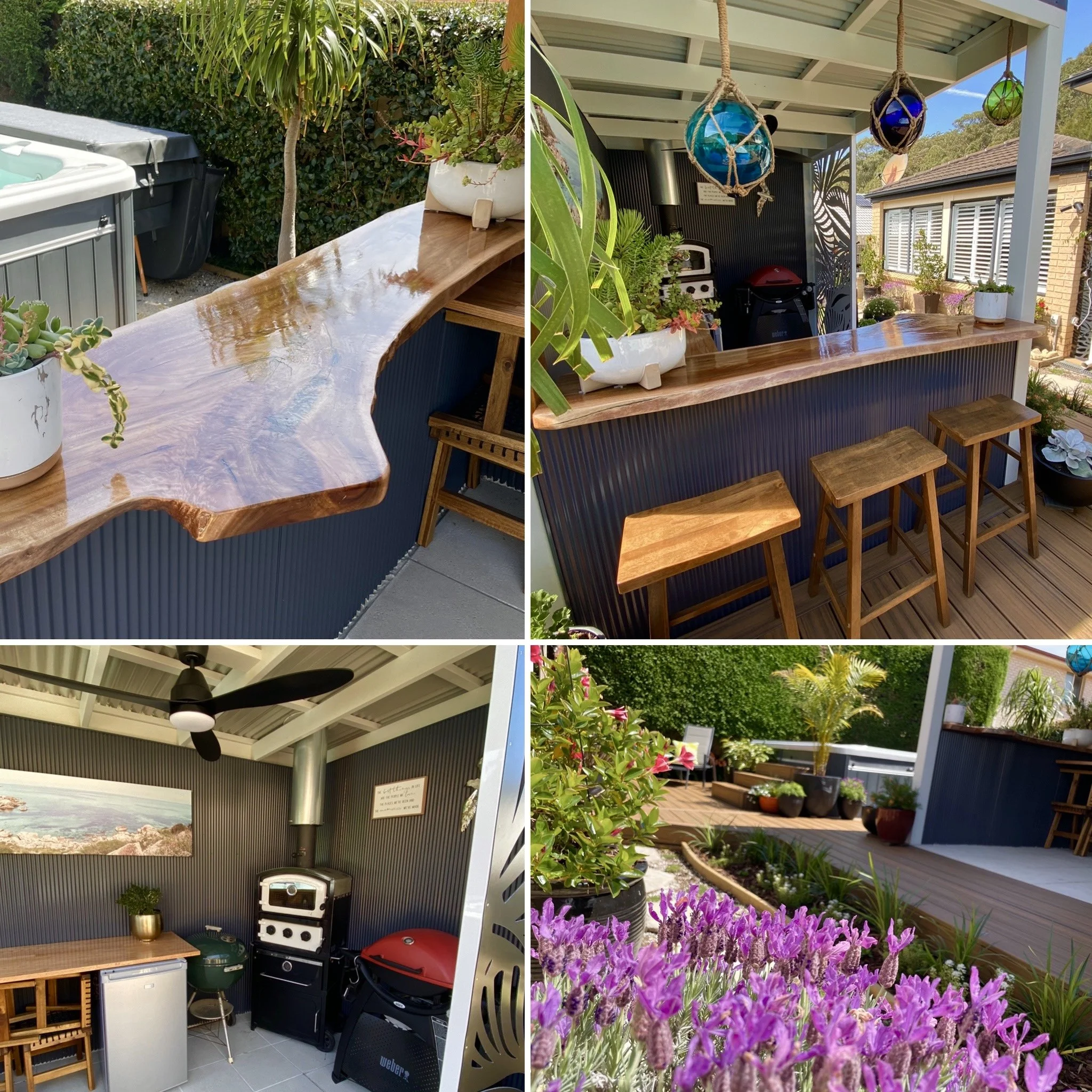 Composite deck and outdoor patio with custom wooden bar counter built, designed and installed by Platinum Decks on the New Central Coast.