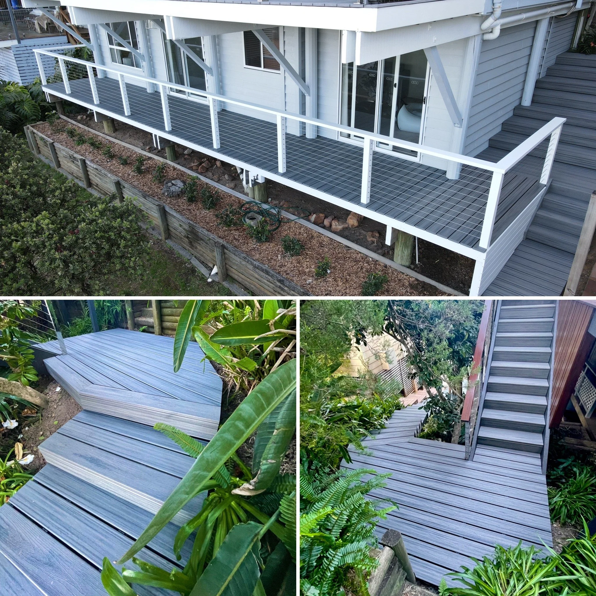 Wide composite staircase with matching balustrade system completed by Platinum Decks to elevate outdoor access with a sleek, luxury finish built for coastal living