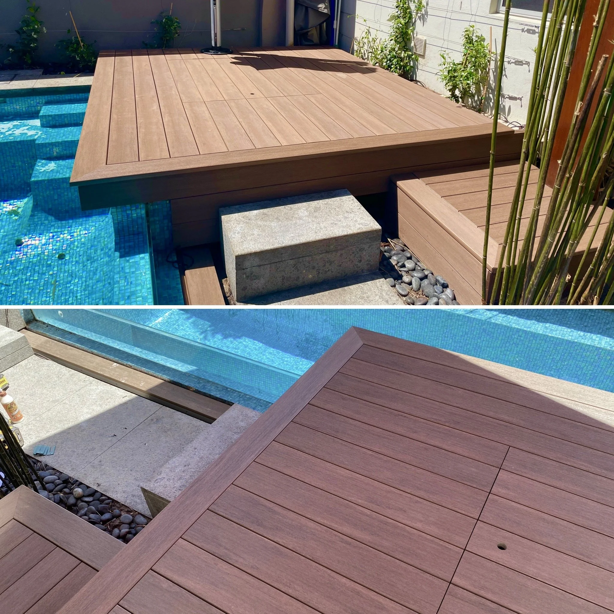 A poolside composite deck with sun loungers beside bright blue water created by Platinum Decks for a relaxed summer hangout spot on the Central Coast
