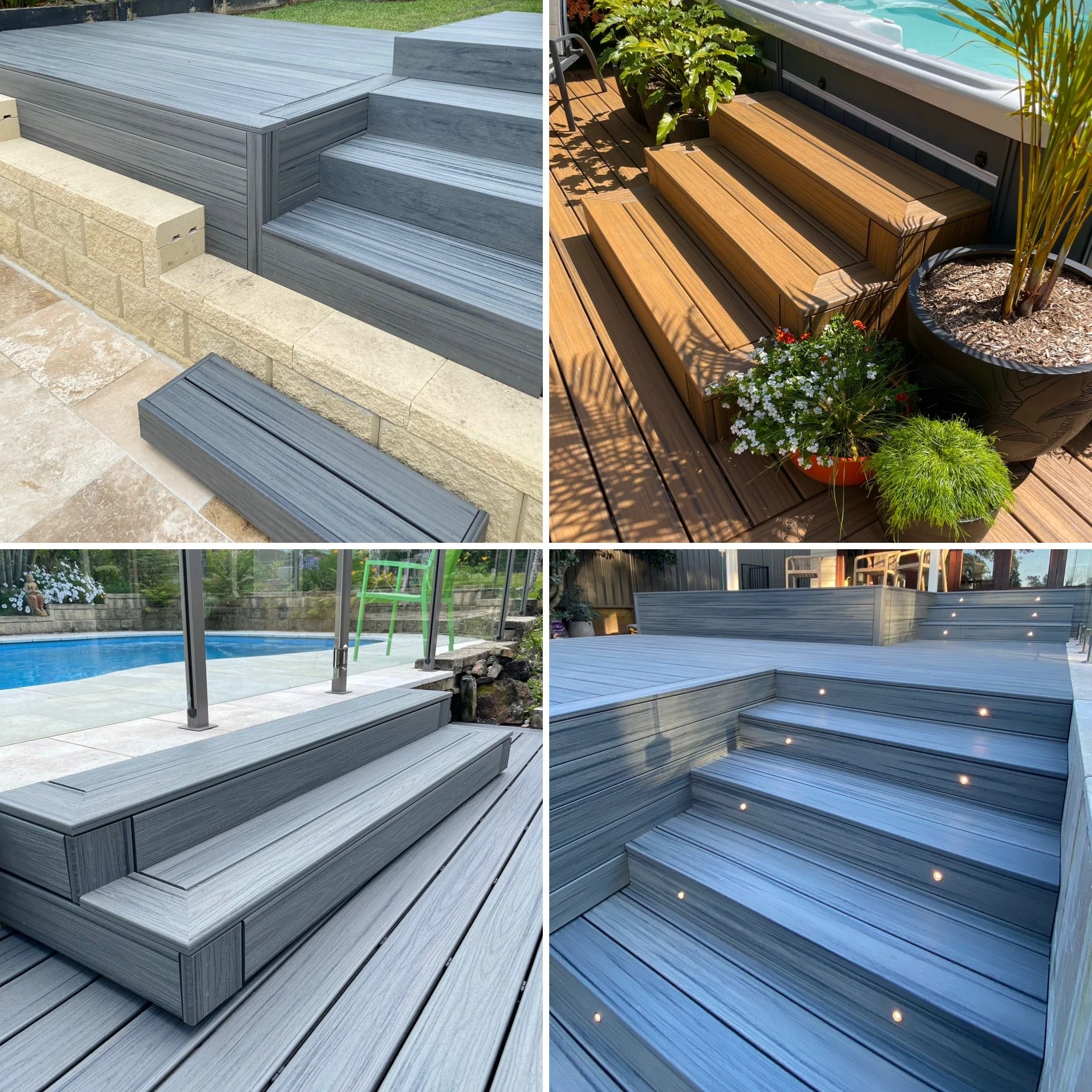 Various composite deck stairs and sitting areas in outdoor settings, including a poolside area with glass fencing and lush plants. All designed and built by Platinum Decks.