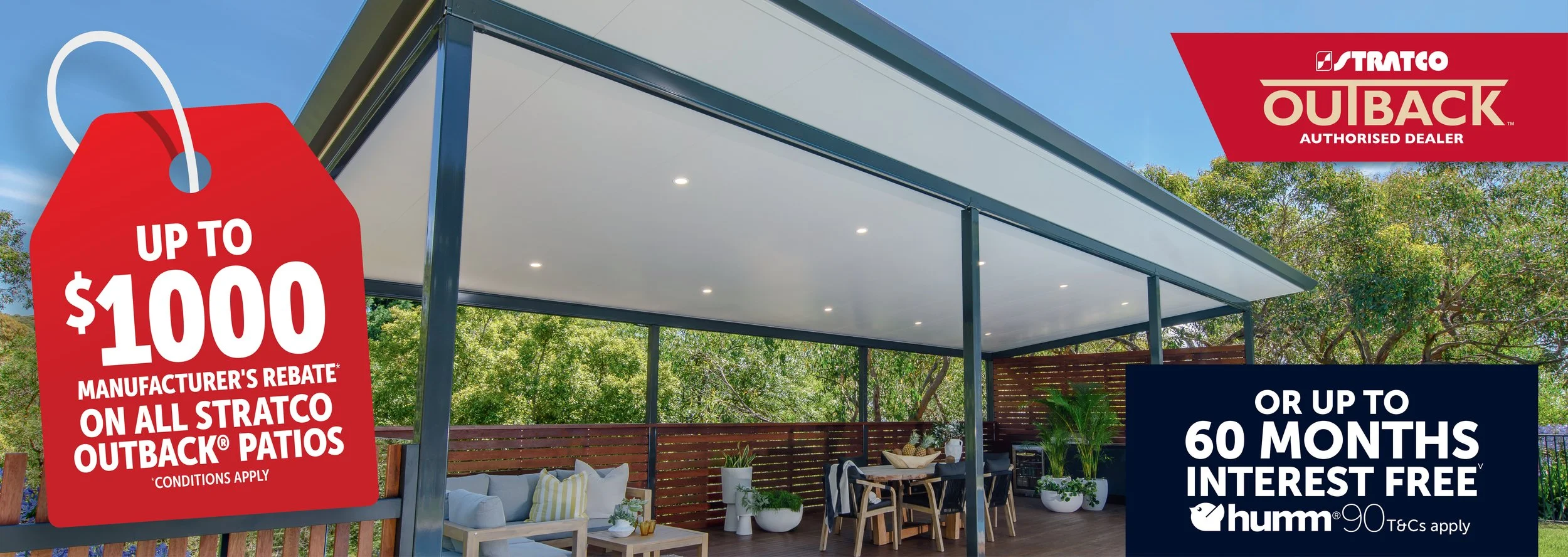 Up to $1000 off a Stratco outdoor patio with modern furniture and lighting, surrounded by trees.