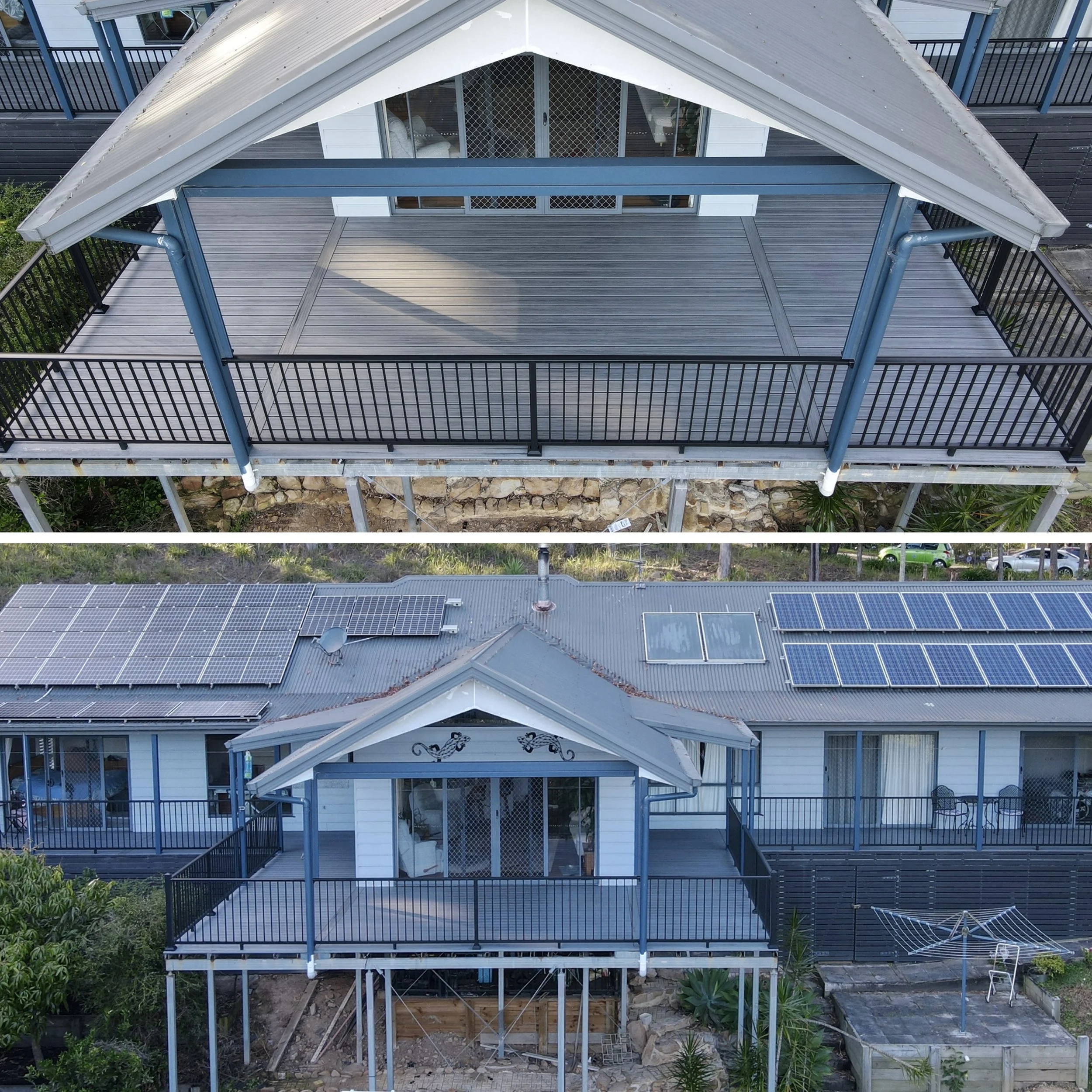 Aerial view of a multi-level home complete with new composite decking, patio roof and balustrades for a refreshed outdoor entertaining. Designed, installed and built by Platinum Decks.