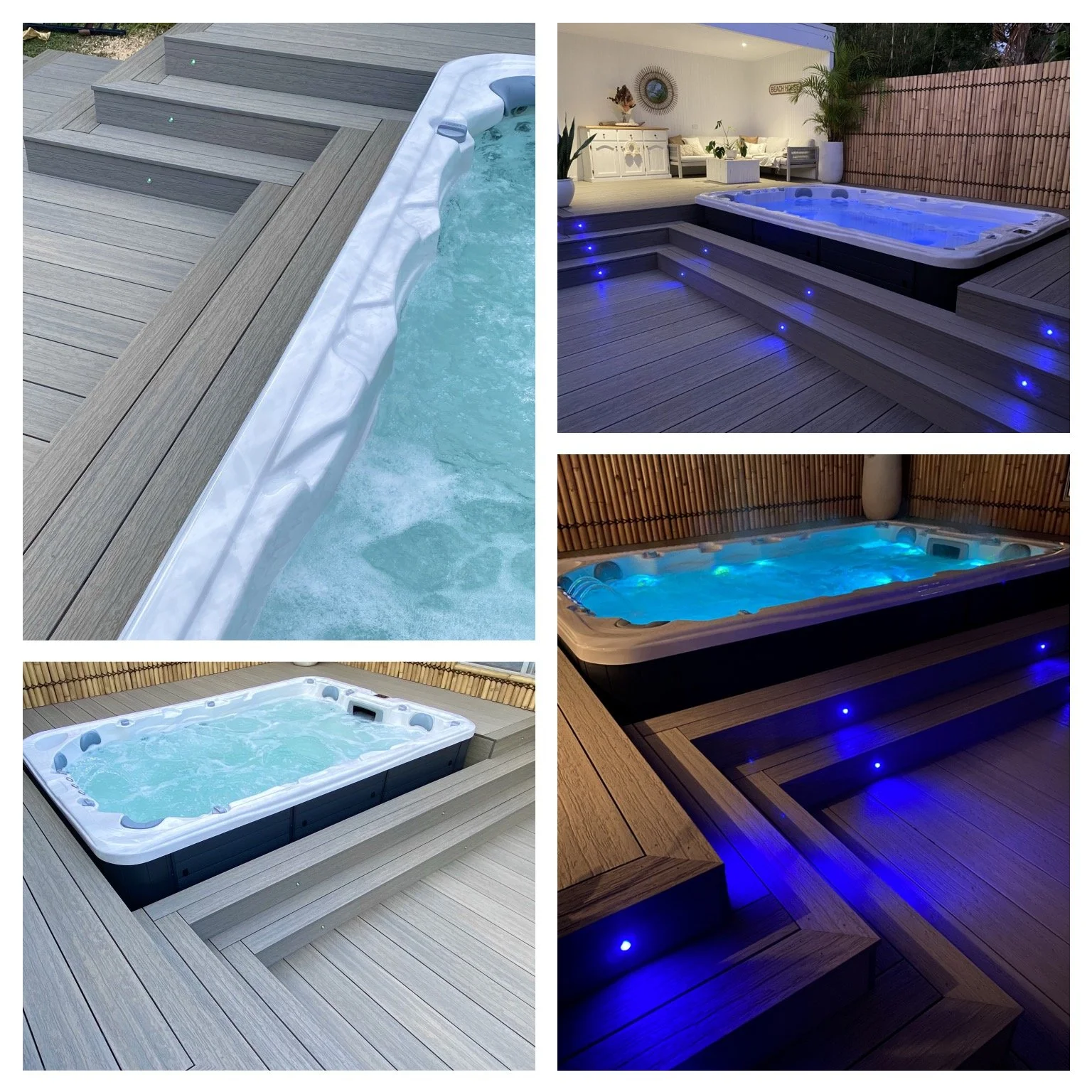 Outdoor spa area with composite decking, illuminated with blue LED lights, varying views of the spa at night with seating and tropical plants in the background.