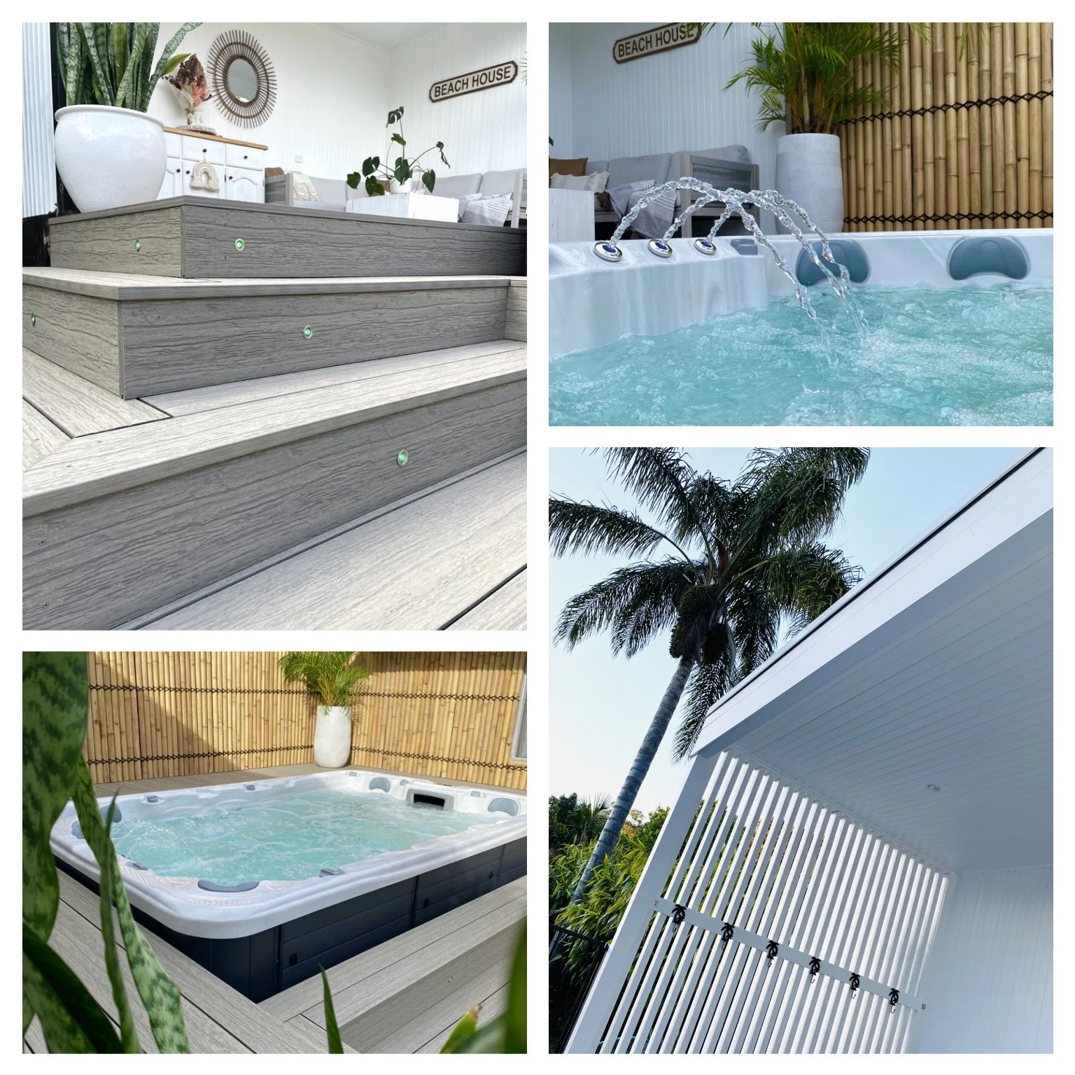 Outdoor spa area with custom designed composite deck surround complete with stairs, integrated deck lighting  and bamboo fencing. Designed and built by Platinum Decks.