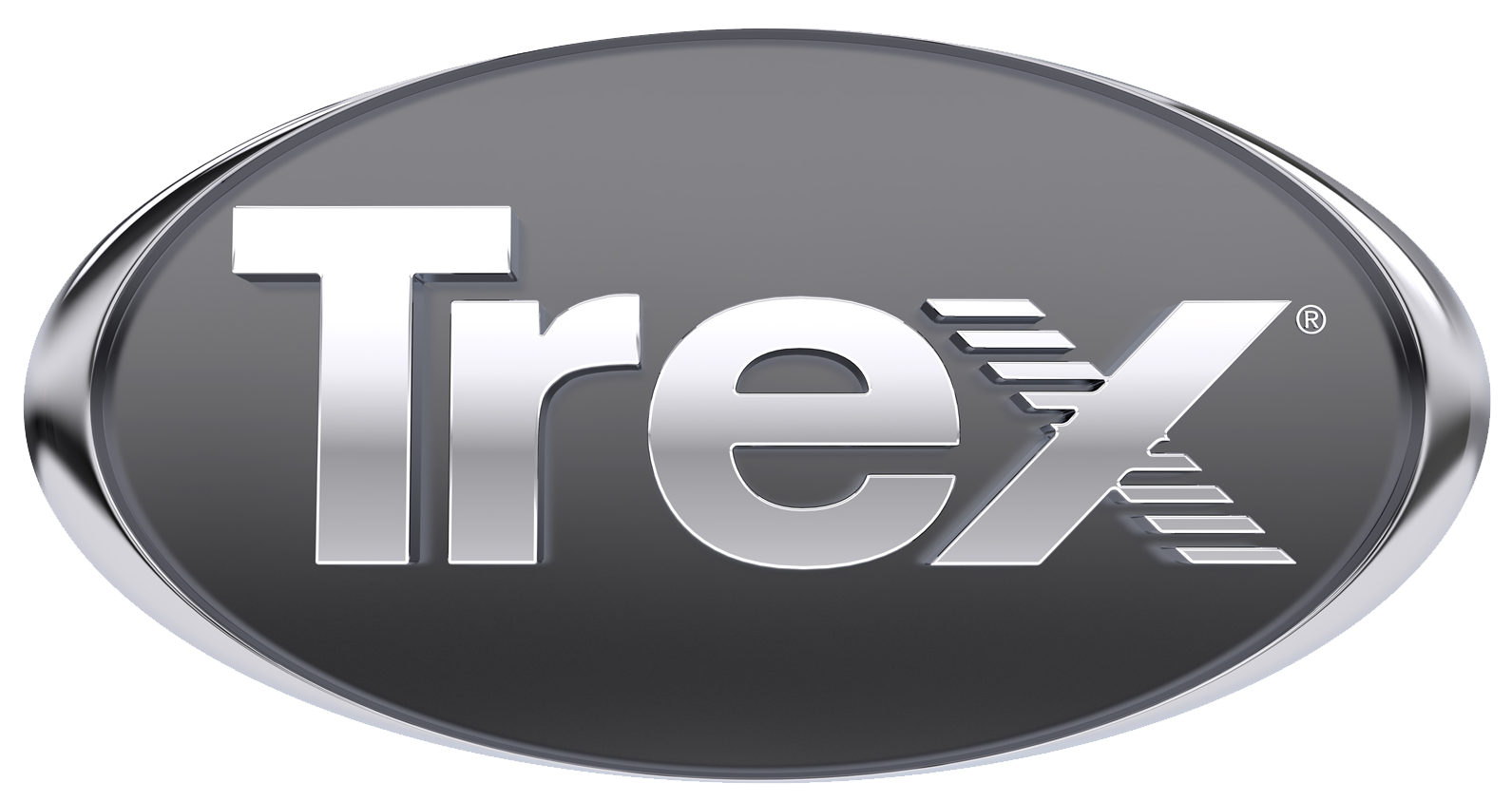 The Trex Deck logo in silver and grey on a metallic oval background, Platinum Decks are a certified Platinum Pro installer on the Central Coast