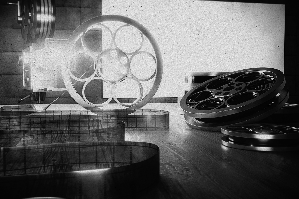 Black and white close-up of vintage 35mm film reels and canisters, representing the craft and history of filmmaking.