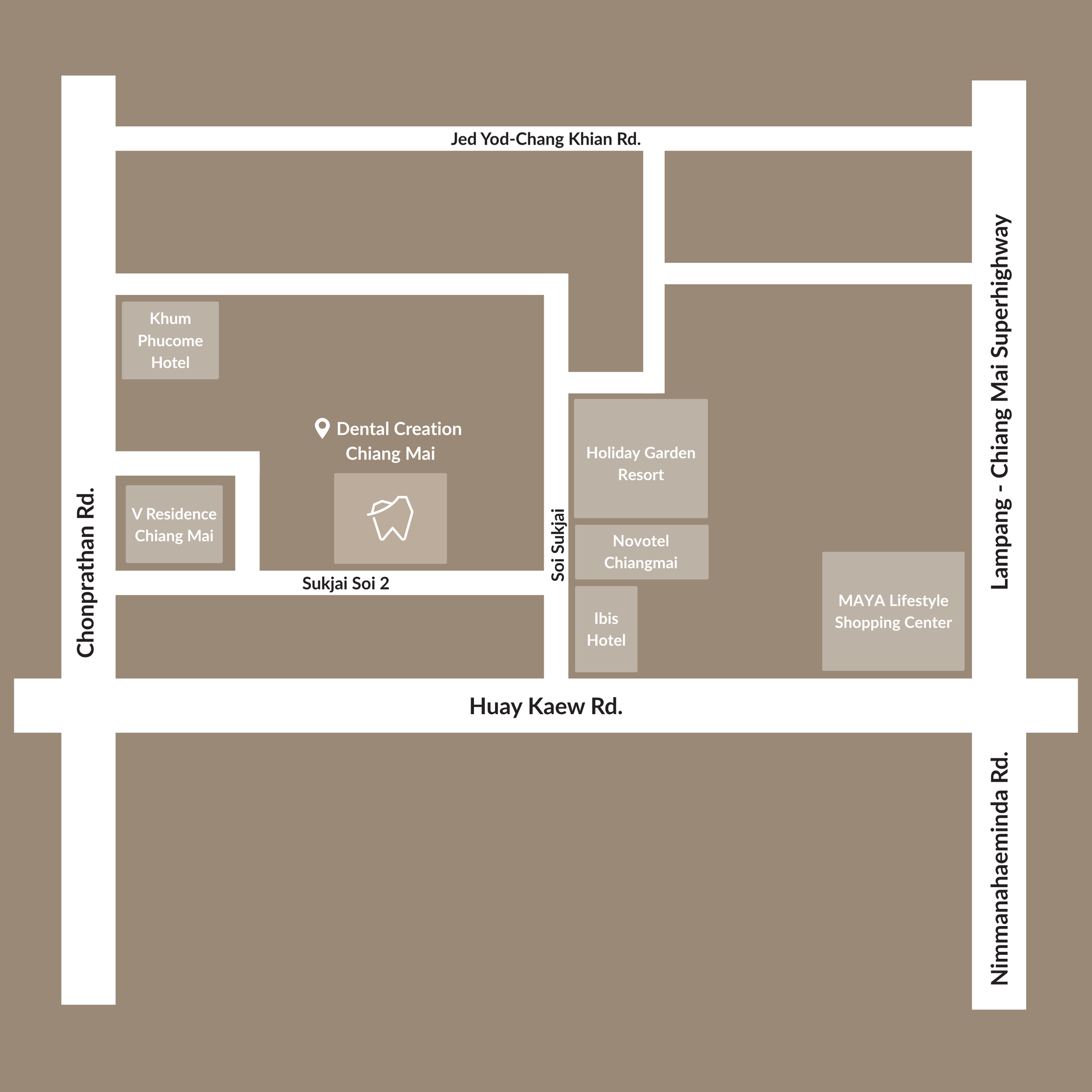 A simple map of Dental Creation Chiang Mai, Thailand, showing major roads including Chang Phueak Road, Huay Kaew Road, and Nimmanhaemin Road, with landmarks such as One Nimman, Maya Lifestyle and Shopping Center, and hotels nearby.