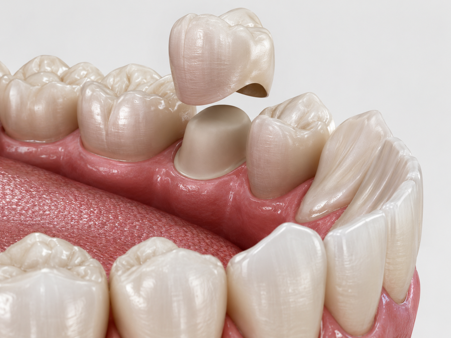 A dental illustration showing a porcelain crown being placed on a lower tooth, with surrounding teeth and gums.