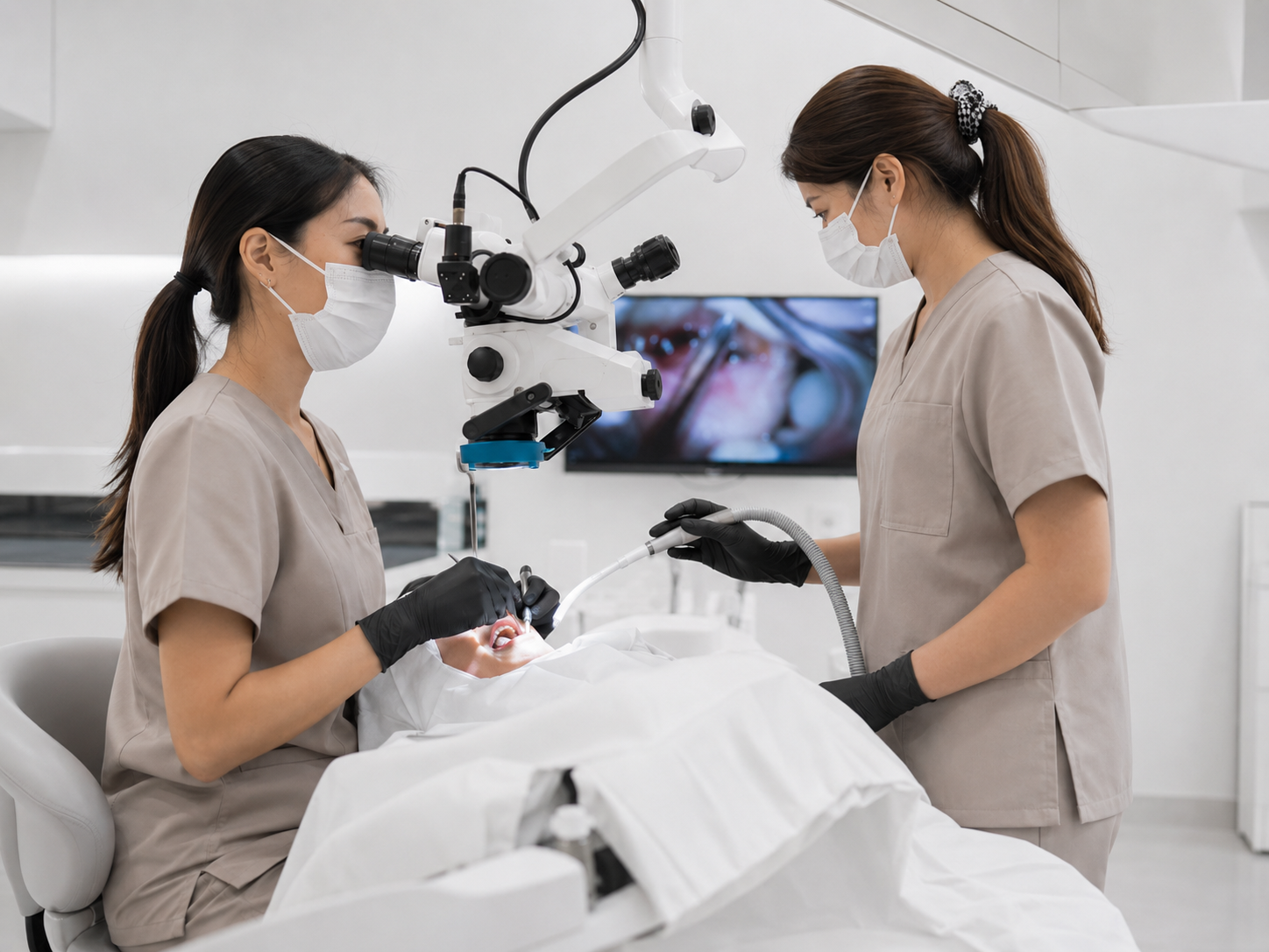 Two dental professionals in beige scrubs and face masks perform a dental procedure on a patient in a white dental office, using a microscope and dental tools. A monitor behind them displays close-up of eyes.