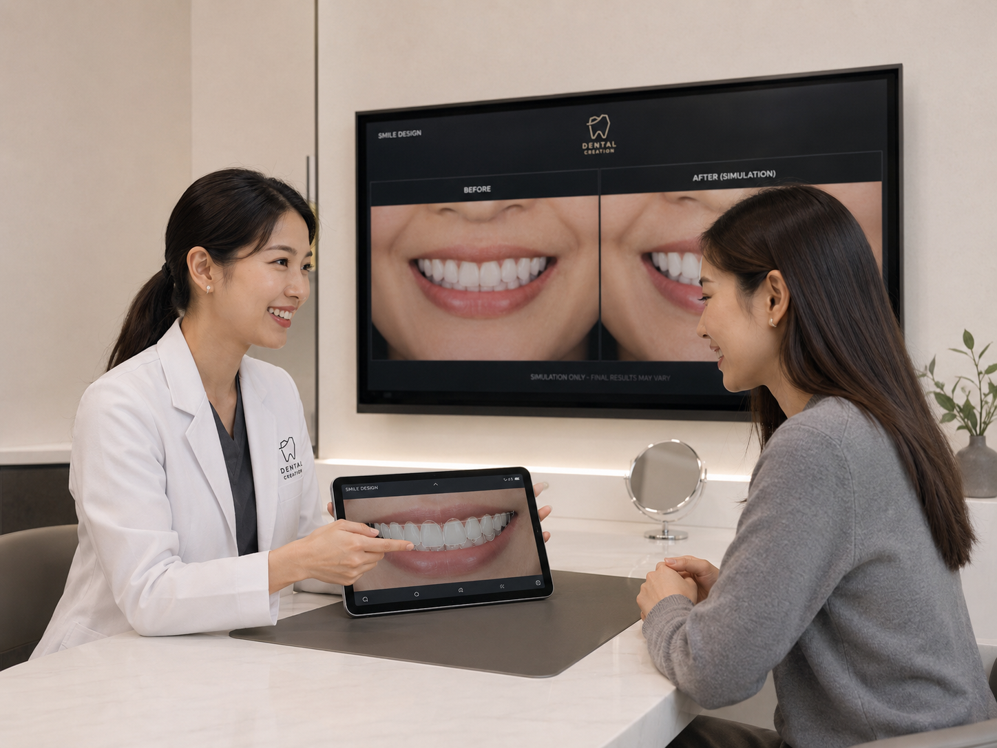 Dentist showing a patient a digital image of teeth on a tablet in a dental office, with a large screen behind them displaying a before-and-after comparison of a smile.