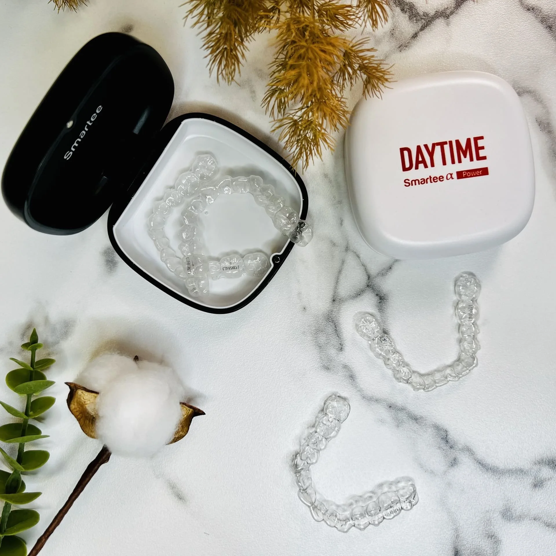 Open dental retainer containing clear plastic bumps, positioned on a white surface, with dried plant materials and scattered foam-like objects around it.