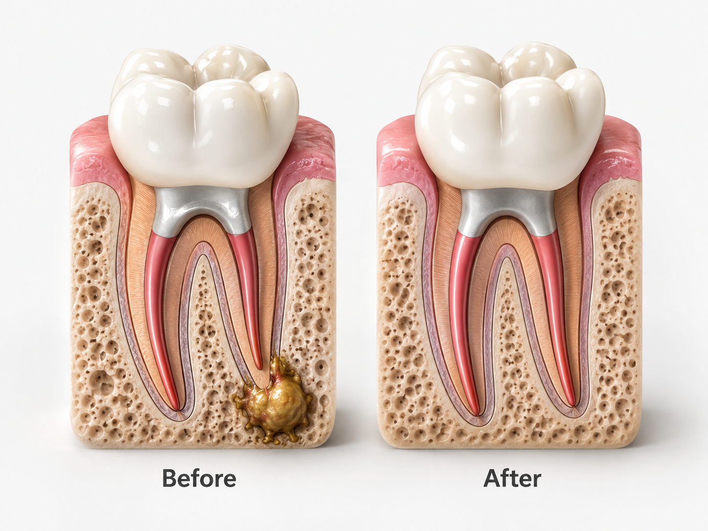 Cross-section of a tooth before and after root canal treatment, showing the removal of infected tissue.