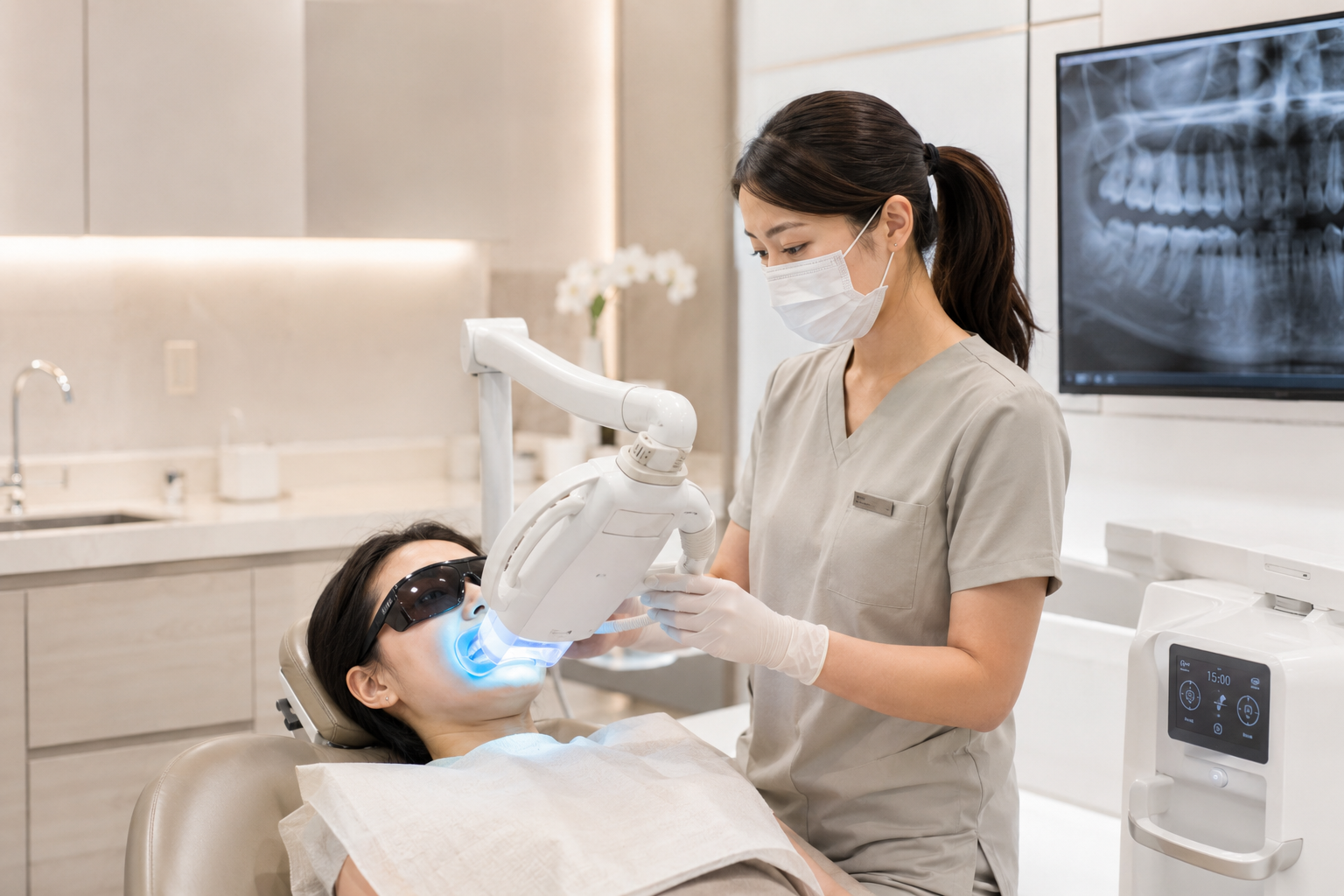 Dental professional with mask and gloves using a light to examine a patient with sunglasses in a dental clinic.