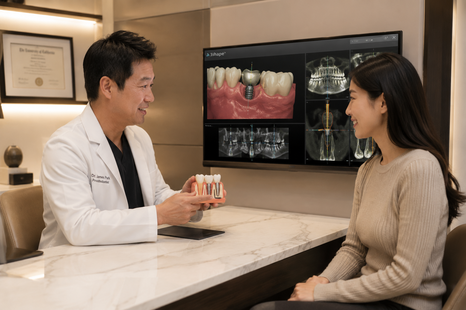 Dentist showing a model of teeth to a woman during a consultation with dental X-rays on a monitor in the background.