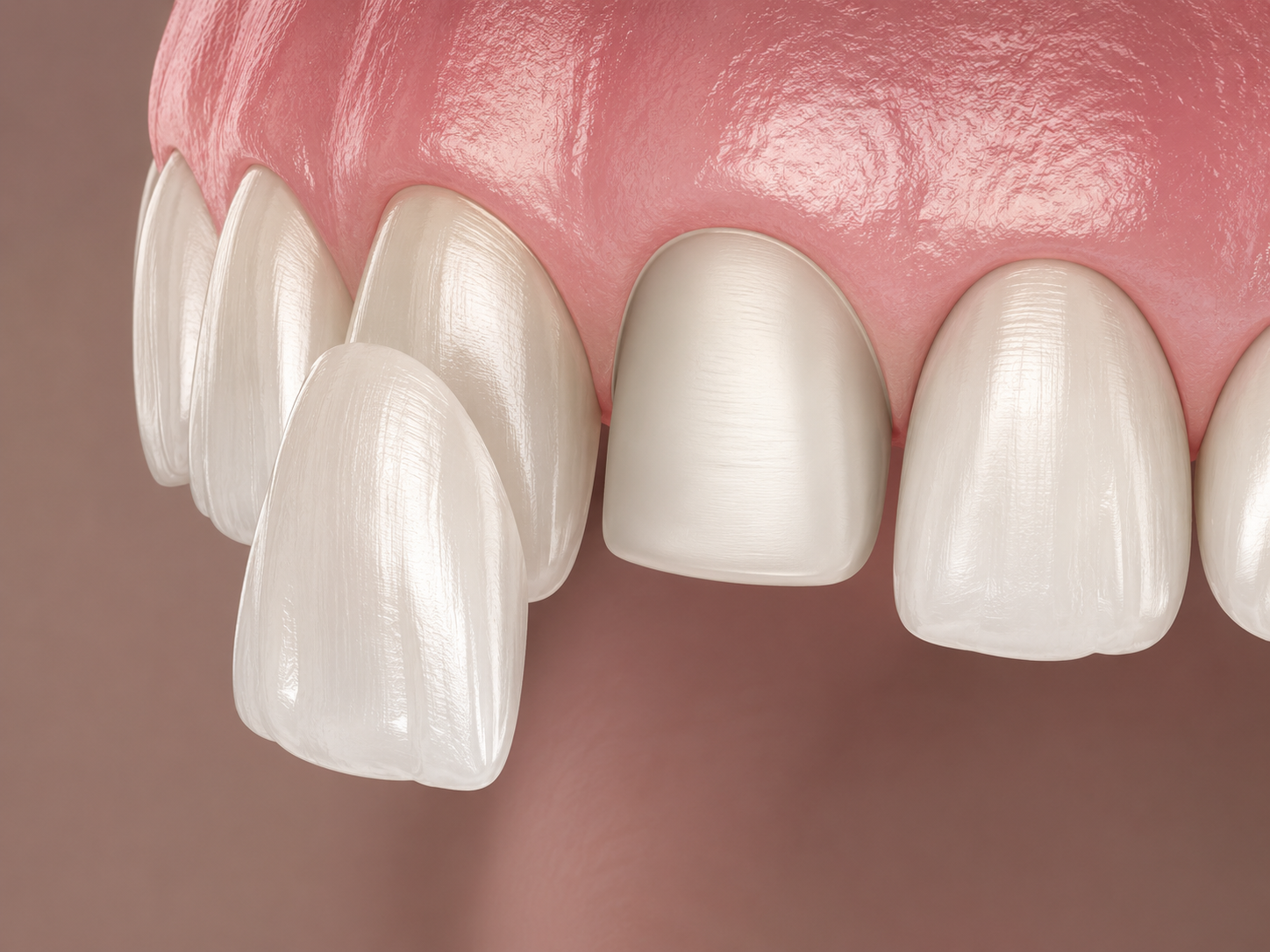 Close-up of teeth with dental veneers on the front teeth.
