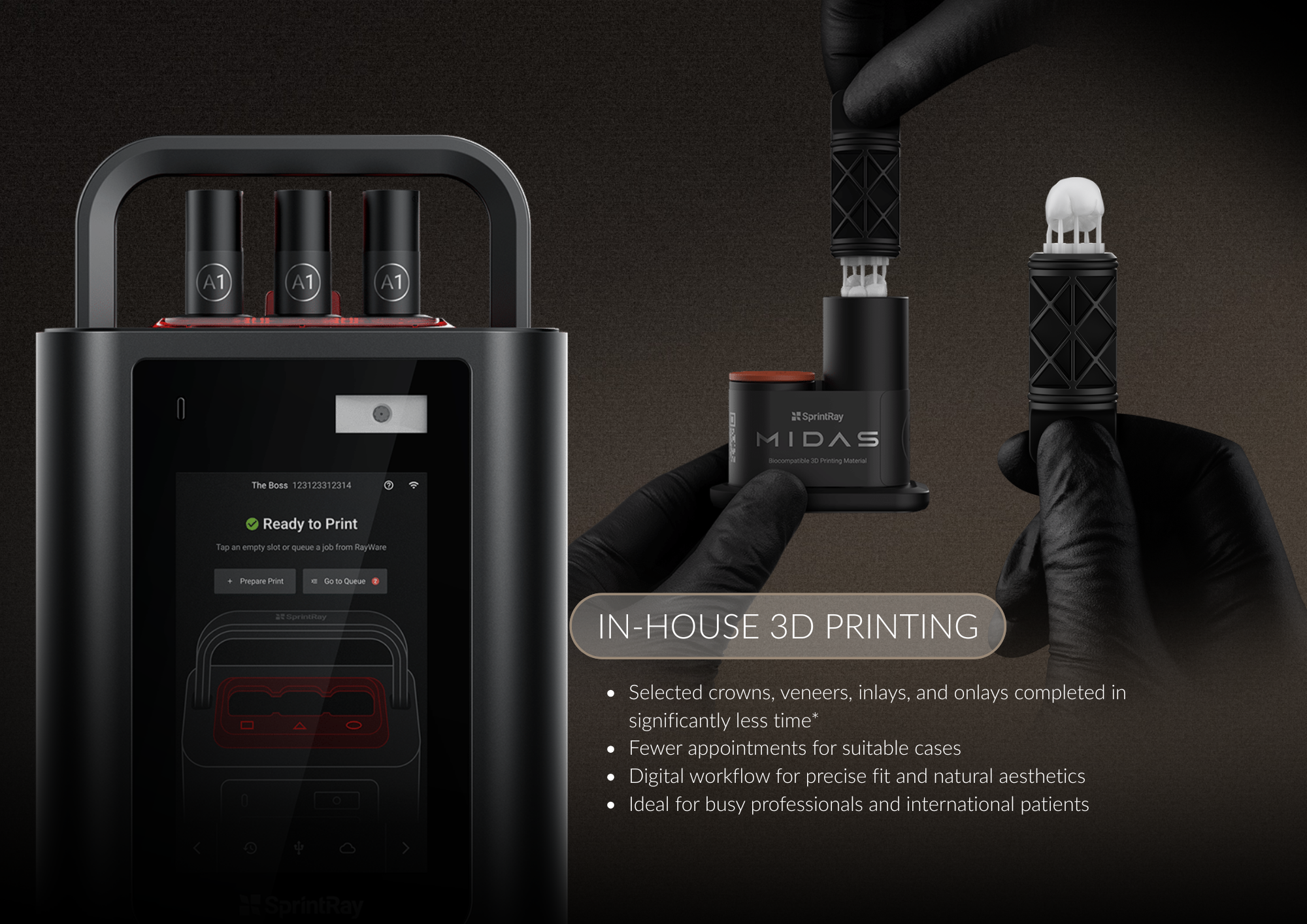 Close-up of a person in black gloves holding a 3D printing resin cartridge, with a half-visible 3D printer screen in the background displaying 'Ready to Print' and a row of resin bottles.
