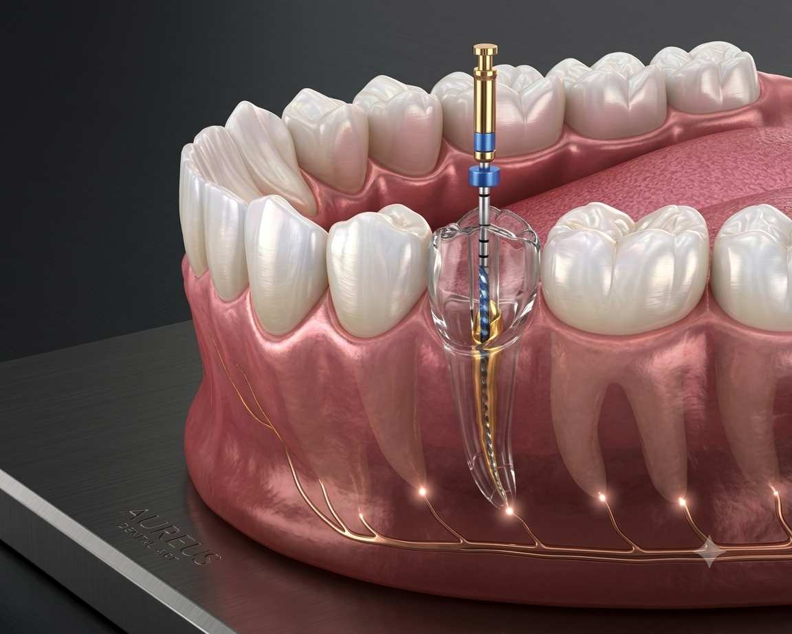 Illustration of a dental implant procedure showing an implant being inserted into the lower jaw with nearby teeth.