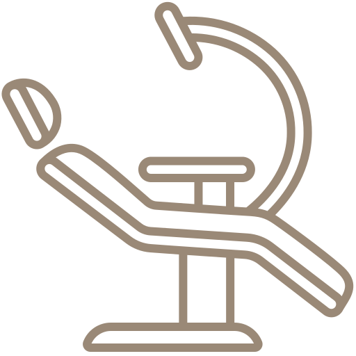 Outline of a dental chair with an overhead light.