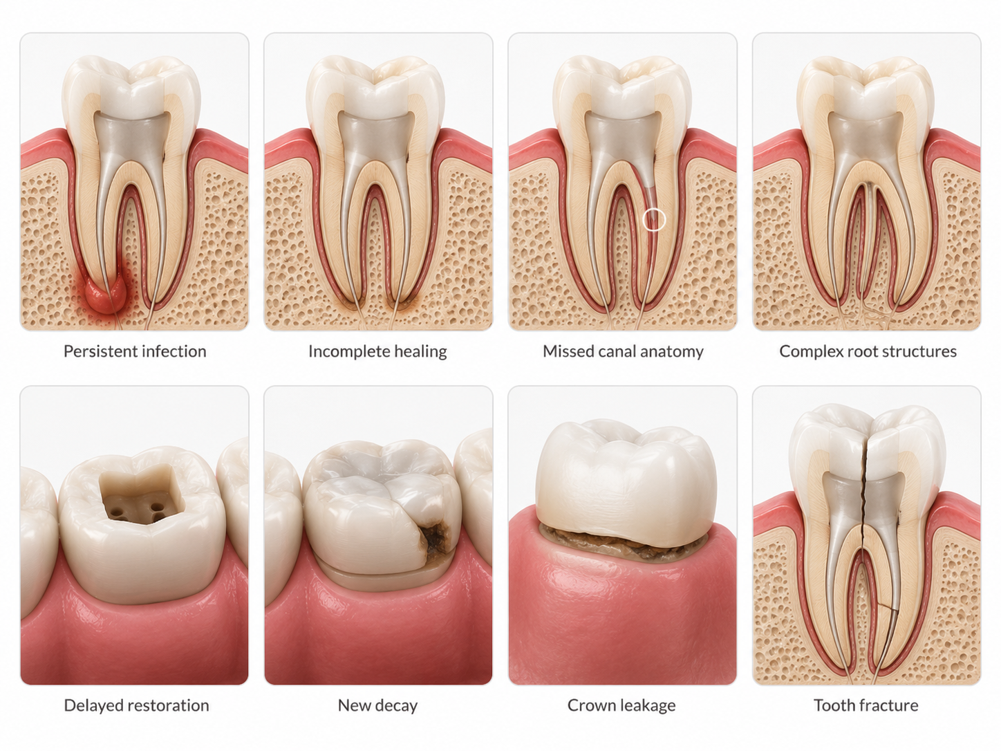 A collection of medical illustrations showing various dental issues and treatments, including persistent infection, incomplete healing, missed canal anatomy, complex root structures, delayed restoration, new decay, crown leakage, and tooth fracture.