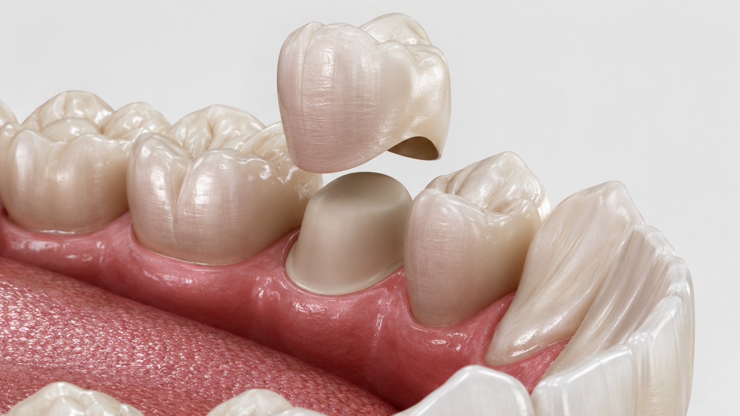 A dental crown being placed on a molar tooth in a patient's mouth.