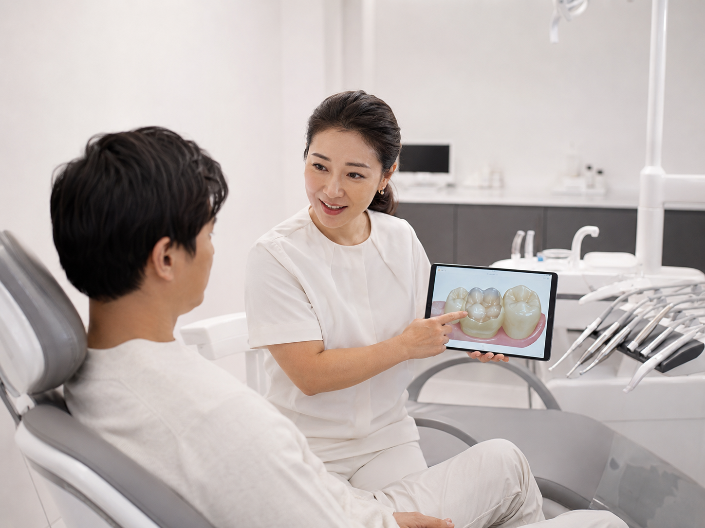 Dentist showing a digital model of teeth to a patient in a dental office.