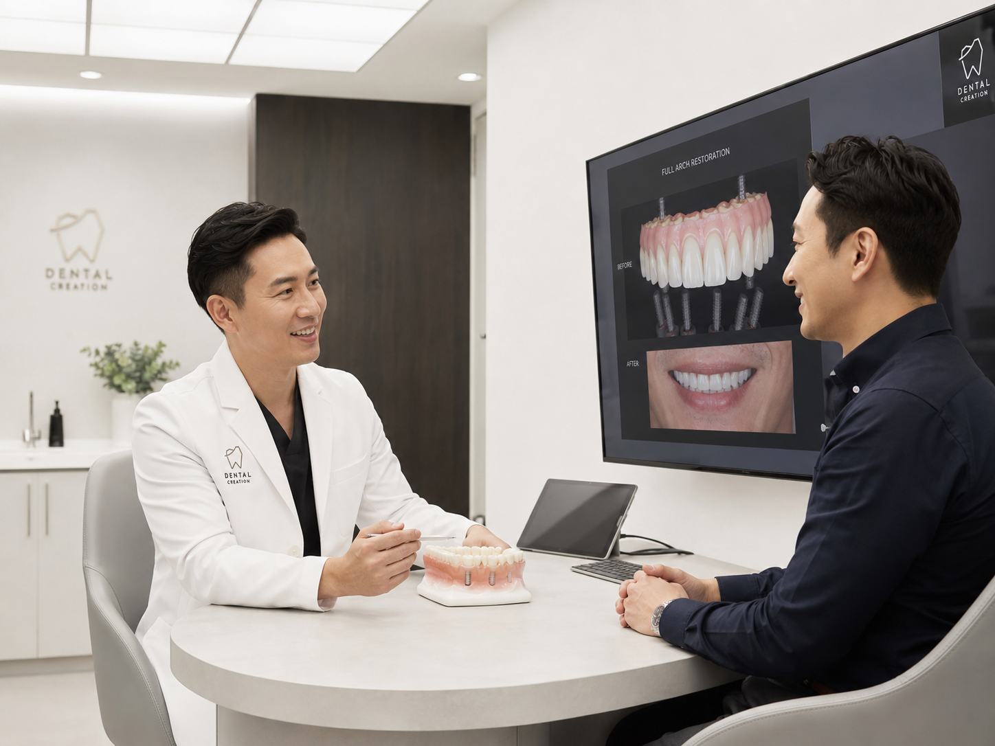 Dentist and patient in a consultation room with a digital screen displaying a 3D model of dental restoration and a smile.