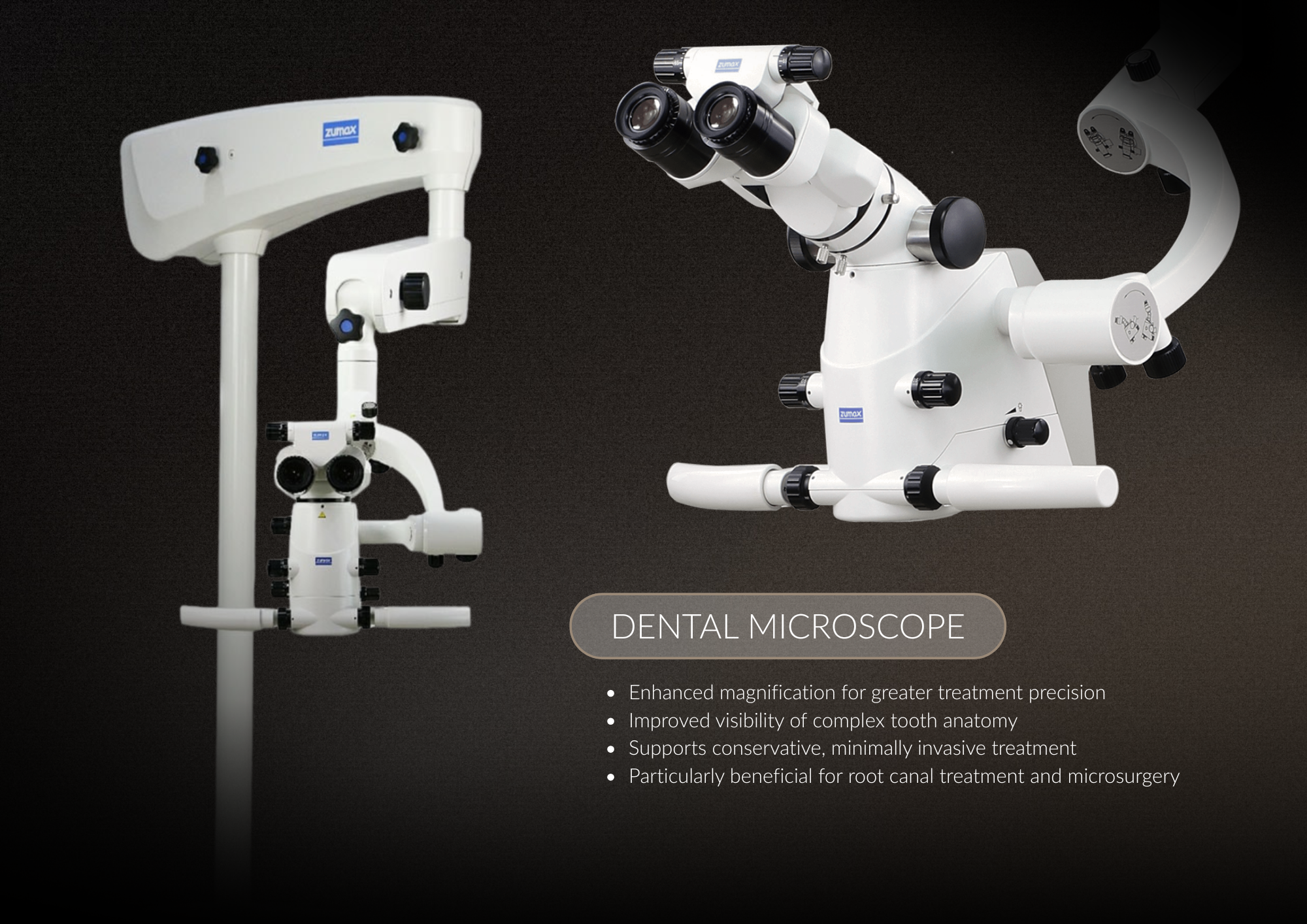 A dental microscope with two black eyepieces and white body, used for enhanced magnification in dental procedures, displayed on a black background.