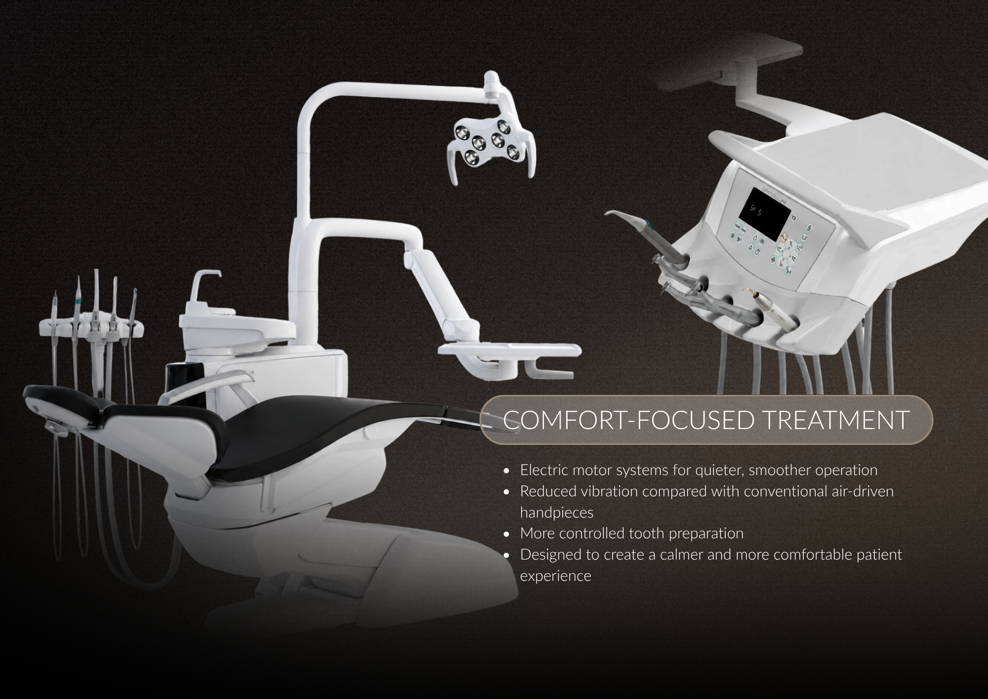 A modern dental clinic setup with a dental chair, a tray of dental instruments, a control panel, and specialized dental tools, illustrating a comfortable patient treatment environment.