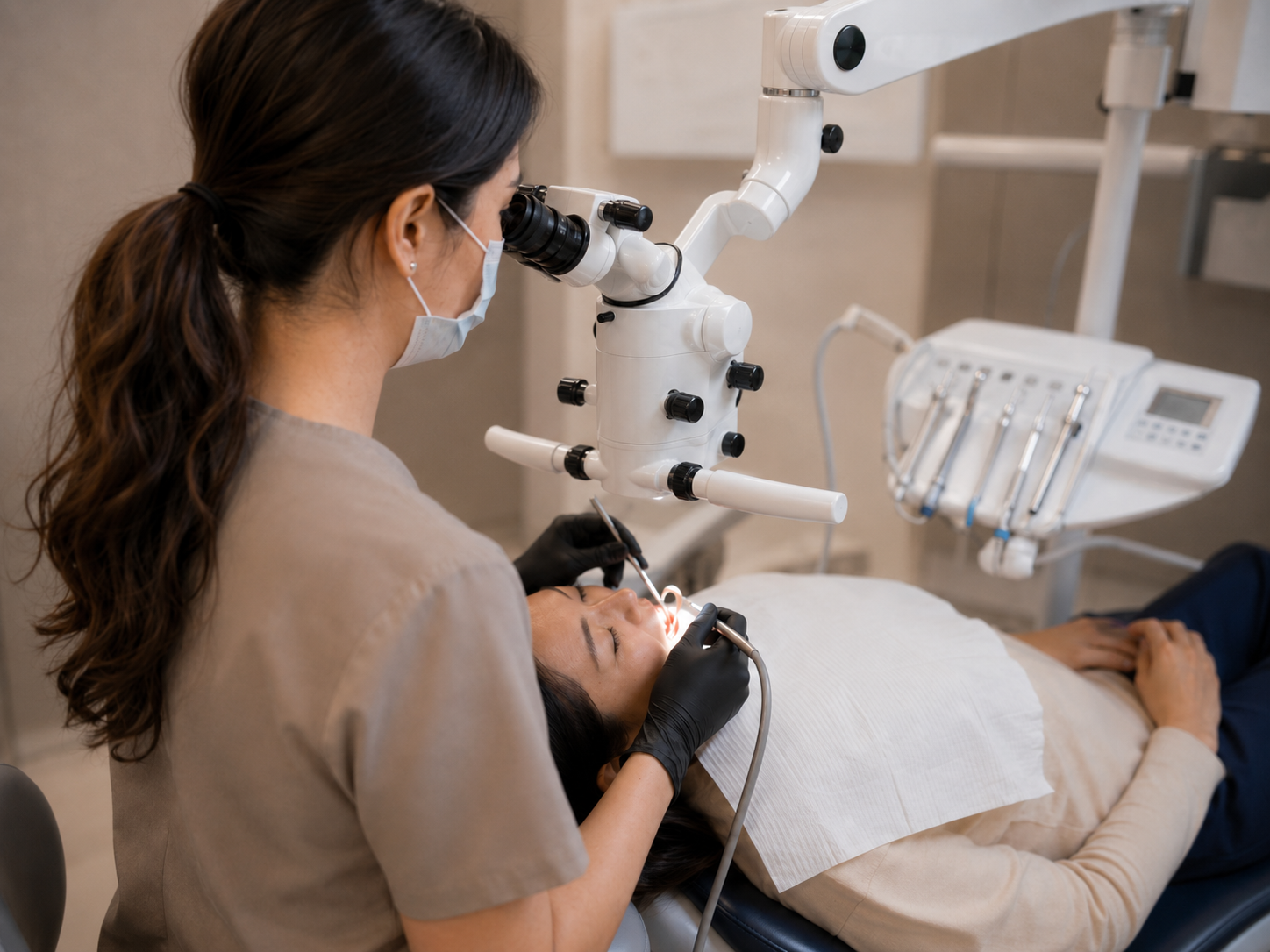 A woman patient is lying on a dental chair with a paper bib, receiving dental treatment from a dentist wearing protective gloves, a face mask, and using dental equipment and a microscope.