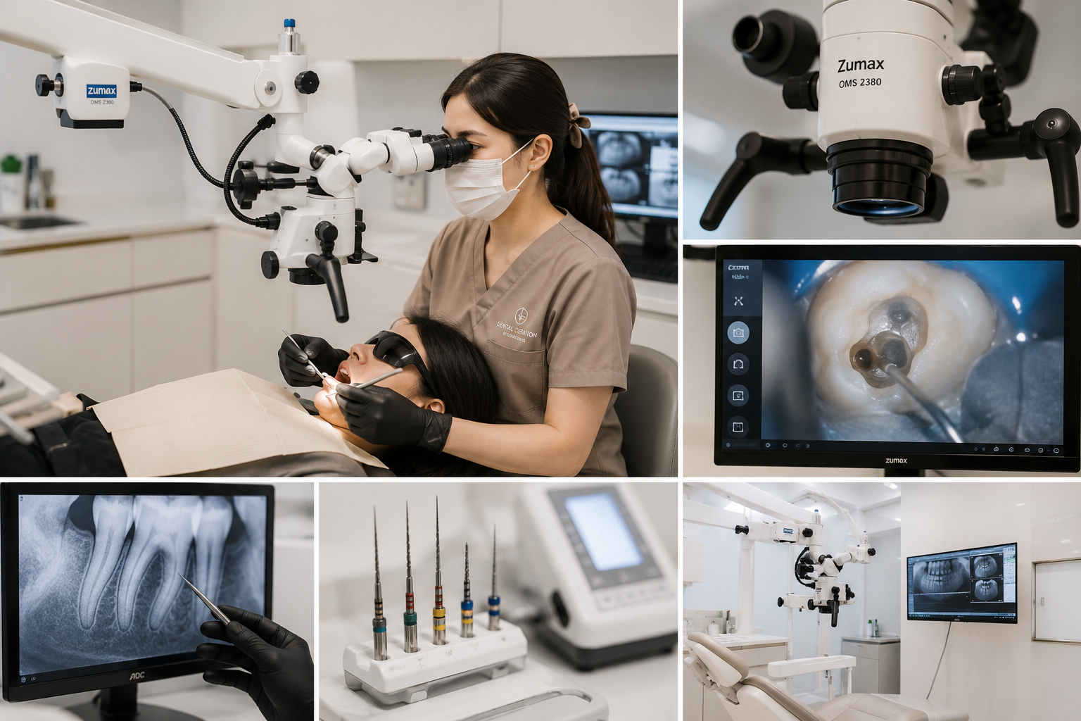 Dental office with a dentist and patient using a microscope, dental tools, X-ray of teeth, and a monitor displaying 3D images of teeth.