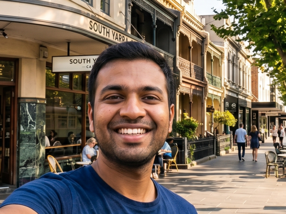 A man smiling takes a selfie on a city sidewalk lined with shops and outdoor seating. There are people walking and sitting outside cafes, with trees and historic buildings in the background.
