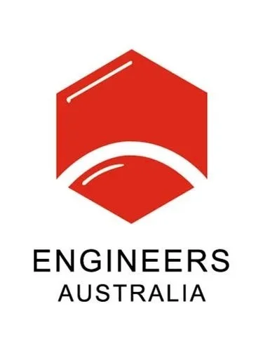 Logo with a red hexagon and white lines, and the text 'Engineers Australia' underneath.