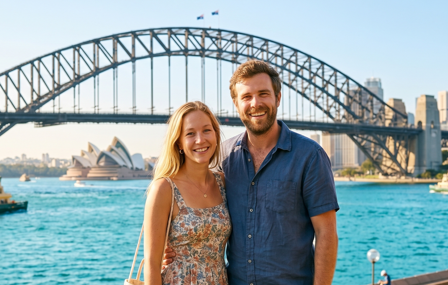 A smiling couple stands in front of the Sydney Harbour Bridge and Sydney Opera House with water and boats in the background.