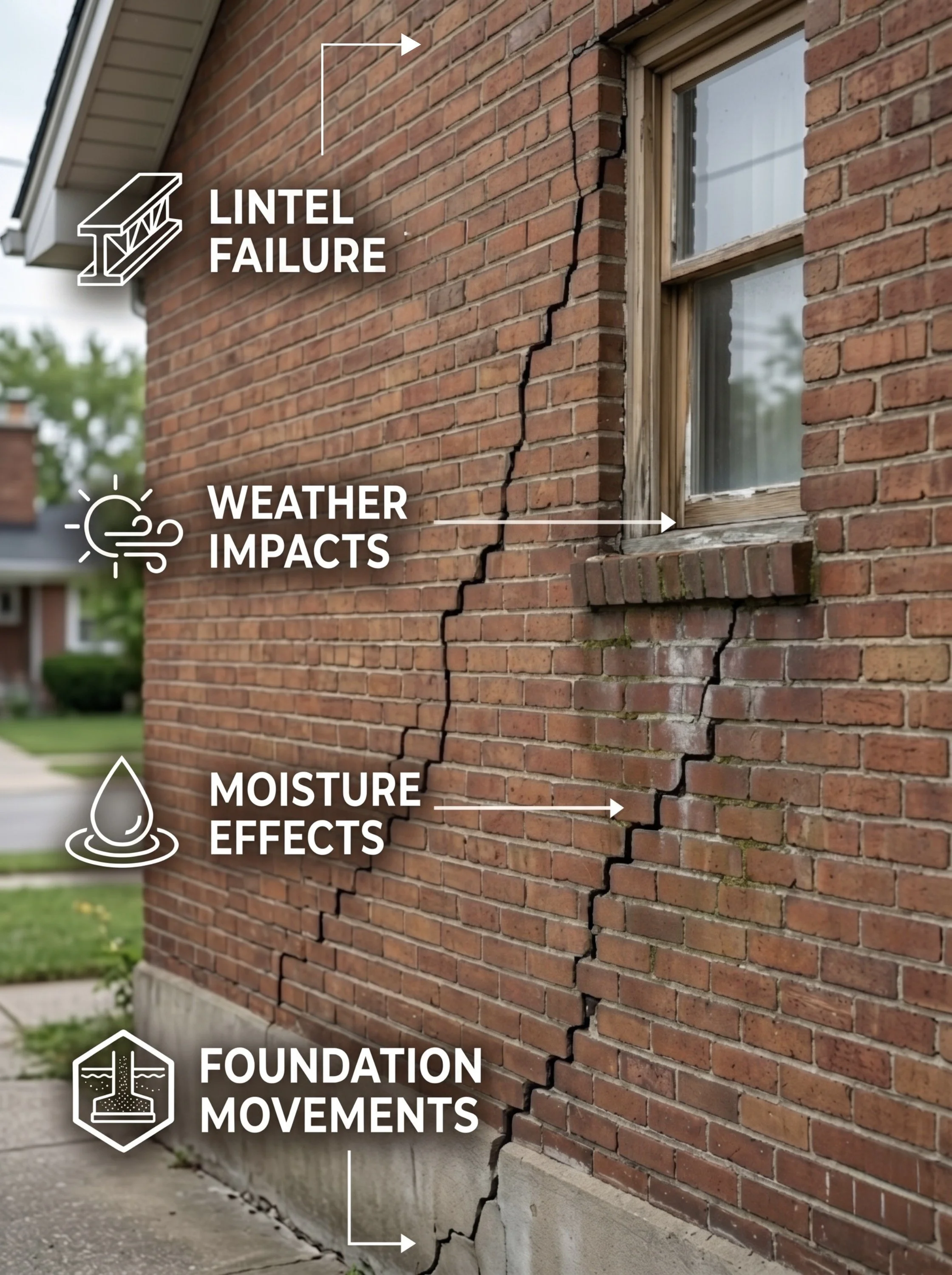 Close-up of a brick house wall with a large crack running vertically, annotated with labels for 'Lintel Failure', 'Weather Impacts', 'Moisture Effects', and 'Foundation Movements' indicating structural issues.