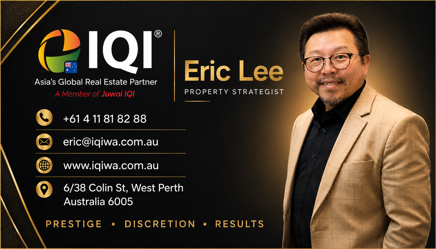 Business card with photo of Eric Lee, property strategist, contact information, and logo of IQI, real estate business, on black and gold background.