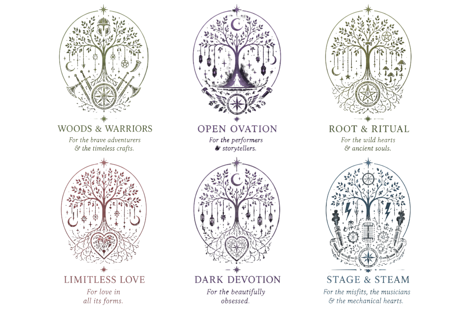 The six immersive worlds of ALTARnative Worlds, featuring gothic, fantasy, spiritual, inclusive, performance and steampunk-inspired wedding experiences.