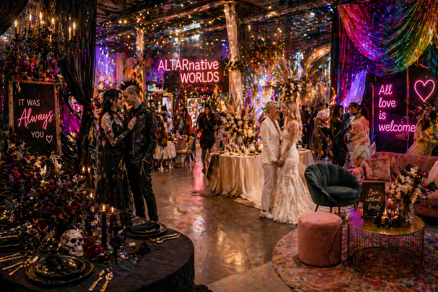 Alternative wedding reception featuring colourful decor, neon lighting and inclusive wedding celebration inspiration.