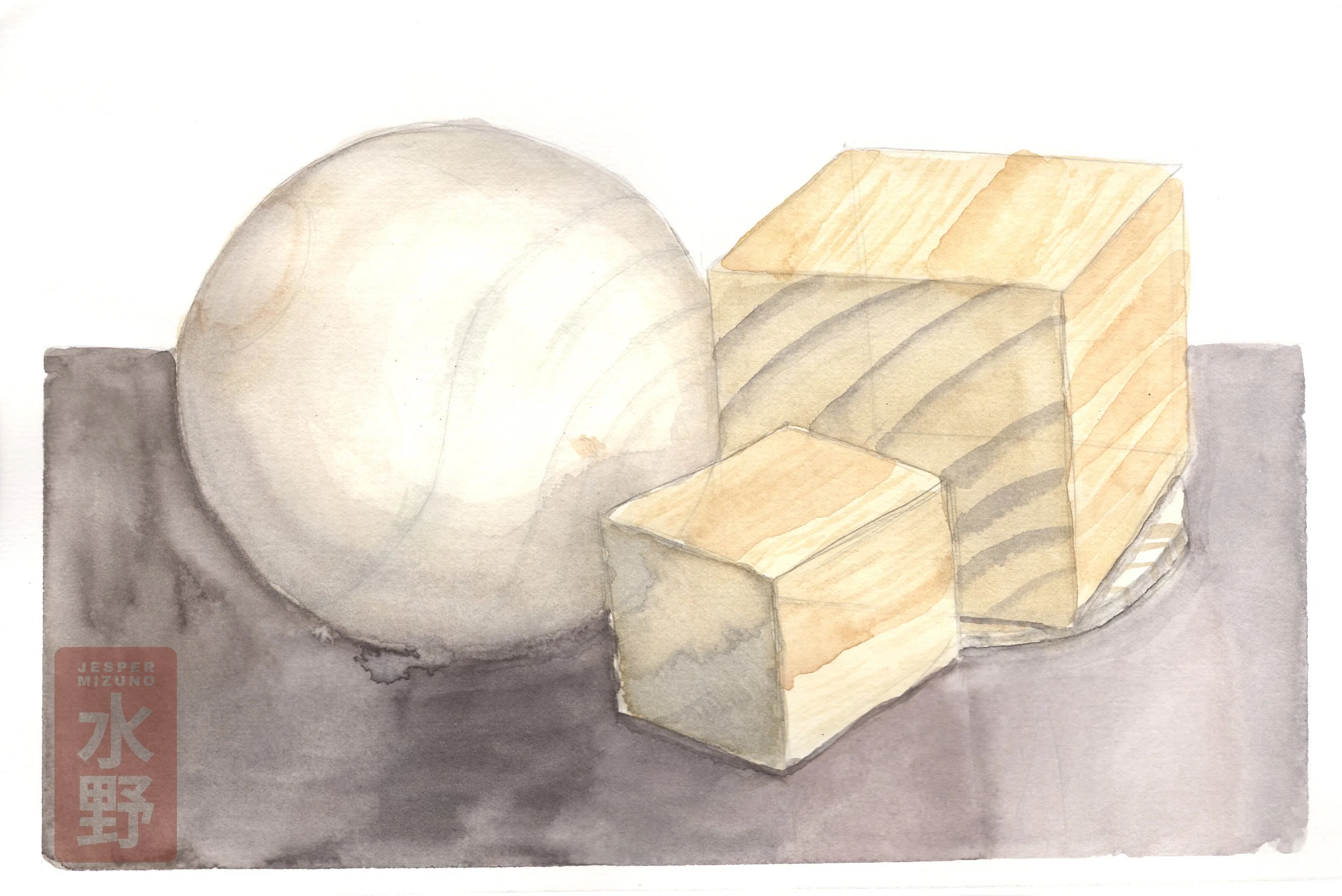 Watercolor still life painting of wooden blocks. 