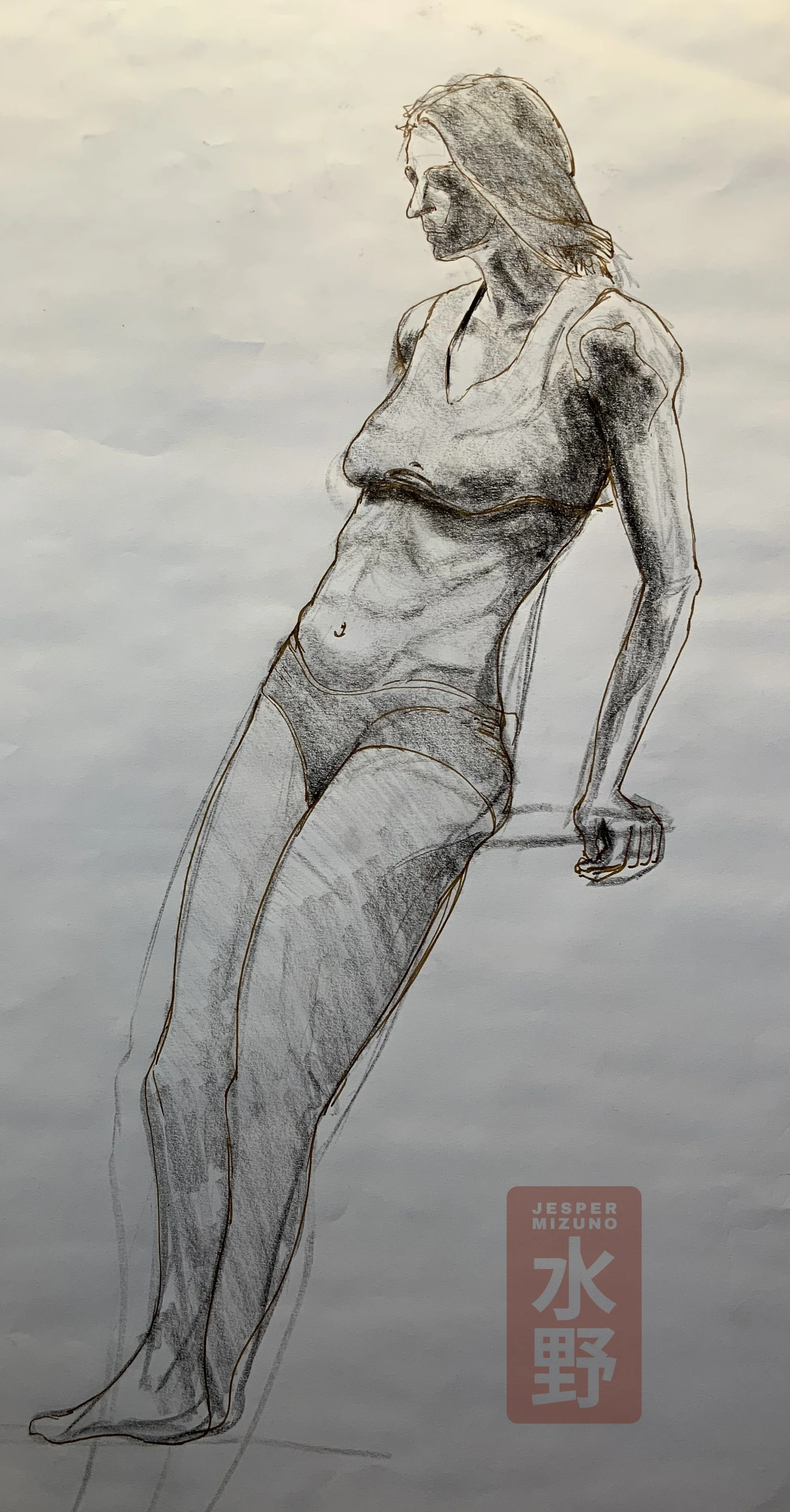Ink and charcoal drawing, “Woman Leaning”. 